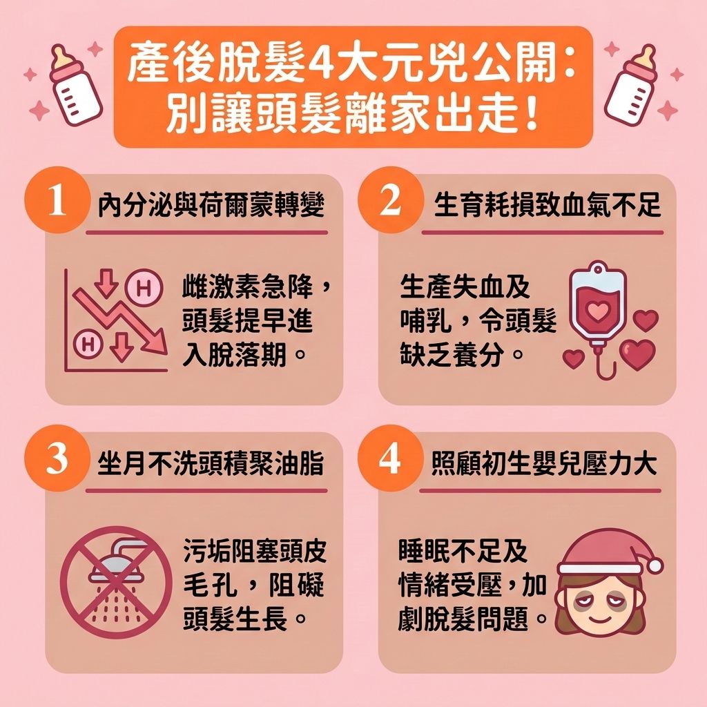 這是一張 1:1 正方形的可愛扁平化向量插畫，採用台灣健康部落格風格，為您解碼【產後脫髮】的秘密。 圖表生動展示了健康的【頭髮】與【毛囊】結構，說明【產後掉髮週期】的改變。圖中指出【產後脫髮成因】主要來自【荷爾蒙變化】，當體內的【雌激素】與【孕酮】急降，【頭髮】會從【生長期】提早進入【休止期】。若媽媽【睡眠】不足或【壓力】過大，必須【舒緩產後壓力】及【改善睡眠質素】來【調理產後身體】。

此外，媽媽需【補充頭髮營養】，多攝取【蛋白質】與【鐵質】，【促進頭皮血液循環】，為【頭皮】提供足夠【營養】。日常要正確【選擇防脫髮產品】，使用溫和的【洗頭水】及【防脫髮洗頭水】做好清潔，或塗抹【生髮水】及【育髮精華】來【強健脆弱髮根】並【延長頭髮生長期】，有效【預防產後脫髮】及【改善休止期脫髮】。