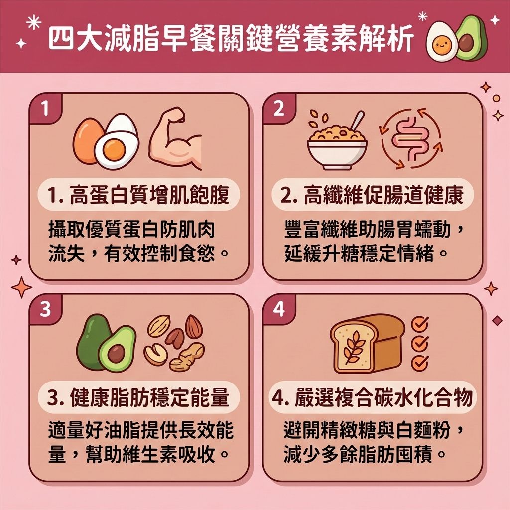 這是一張 1:1 正方形的扁平化向量資訊圖表插畫，採用台灣健康部落格風格，為您詳細解析完美的減脂早餐推介與多款減脂早餐食譜。圖表教導如何透過改善飲食習慣來規劃健康減重餐單。首先，建議取代精緻澱粉，選擇優質的複合碳水化合物如燕麥片。搭配富含膳食纖維的蔬果，能有效促進腸胃蠕動，穩定血糖水平，防止血糖與胰島素劇烈波動。

其次，這份減脂增肌飲食強調攝取高蛋白質（如雞蛋與希臘乳酪），這能大幅延長飽足時間，增加飽足感，同時維持肌肉量。這對於提升基礎代謝與整體的基礎代謝率至關重要，能加速新陳代謝。

準確控制熱量攝取，減少不必要的熱量與卡路里，能有效減少脂肪囤積。長期維持這樣的飲食，能徹底燃燒深層脂肪，精準打擊頑固的脂肪細胞、皮下脂肪與內臟脂肪，進而顯著降低體脂比例與整體體脂率。這不僅助您順利突破減肥停滯期，更能打造易瘦體質，預防體重反彈。

若渴望在飲食控制之外追求更極致的體態，圖表側邊的醫美專欄建議可結合醫學美容的無創減脂技術與局部減脂療程。透過先進的溶脂科技進行醫美定位修形，全方位雕塑您的健康完美曲線