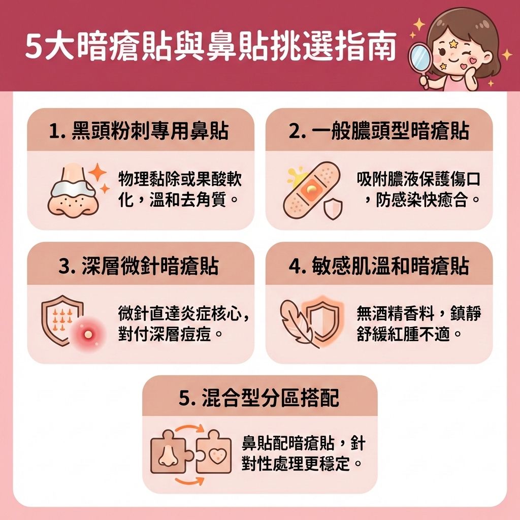 這是一張台灣健康部落格風格的正方形醫美資訊圖表，教導大家如何挑選暗瘡貼與鼻貼。特別是在月經期間，因荷爾蒙與內分泌變化，黃體酮與雌激素失衡，極易引發暗瘡與粉刺。這些問題常出現在下巴、額頭與臉頰。為了舒緩經前綜合症與改善荷爾蒙失調，除了使用合適的護膚品來溫和潔淨肌膚與徹底清潔皮膚外，更需注意脾胃與子宮健康，做到避免進食生冷與飲食清淡去濕。

過大的壓力與不良的睡眠會引發肝火，刺激皮脂腺。因此要疏肝解鬱降火、保持心情開朗並改善睡眠質素，這有助於調節內分泌與控制油脂分泌，從而預防暗瘡粉刺與減少下巴暗瘡。正確使用暗瘡貼能幫助修復受損屏障，達到褪紅消炎鎮靜的效果。日常保養也要補充水分保濕與促進血液循環。

若肌膚問題持續，建議諮詢專業的皮膚科醫生。圖表最後強烈推薦了完美醫療的專業醫學美容項目，包含激光去印療程與皇牌「暗瘡分手療程」，助您輕鬆解決煩惱，實現長效預防復發！