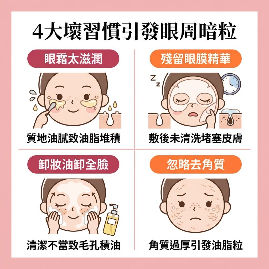 這是一張 1:1 正方形的扁平化向量資訊圖表，背景為純色柔和色調。設計採用彈性網格排版，由淺色直線整齊劃分為 2x2 的四個方格。整體風格帶有日系台系可愛卡通感，充滿具教育性醫美感。每個方格頂部是膠囊形小標題，中央配上手繪人物風格的可愛插圖，底部則是十字以內的無句號說明文字。

圖表主題是揭露導致【暗粒】的壞習慣。第一格插圖是一位塗抹厚重保養品的人物，指出眼霜太滋潤會無法【控制油脂分泌】，讓【油脂】在【皮脂腺】堆積。第二格是敷眼部【面膜】未洗淨的人物，殘留精華會阻礙【深層清潔皮膚】與【清潔面部油脂】。

第三格畫出使用卸妝油的人物，提醒【卸妝不徹底】或不當會令殘油堵塞【毛孔】，引發【白頭】、【黑頭】、【粉刺】及【暗瘡】，此時需【疏通毛孔堵塞】才能避免【細菌】與【痤瘡桿菌】滋生，並【減輕發炎紅腫】。

第四格是忽略去【角質】的人物。這會阻礙【去除老廢角質】與【促進新陳代謝】，導致膚質變差。為【改善膚質粗糙】、【改善閉口粉刺】及【溶解黑頭粉刺】，應定期【溫和去角質】。除了做好【防曬】與【補充肌膚水分】以達到【水油平衡】並【修復皮膚屏障】外，若受【荷爾蒙】影響或想進一步【舒緩皮膚敏感】、【收細毛孔】及【預防暗瘡復發】，可尋求【醫生】的【專業暗瘡治療】。透過【果酸】、【水楊酸】或【杏仁酸】進行【醫療級煥膚】，或搭配【激光】療程，能有效重拾健康亮麗的肌膚。
