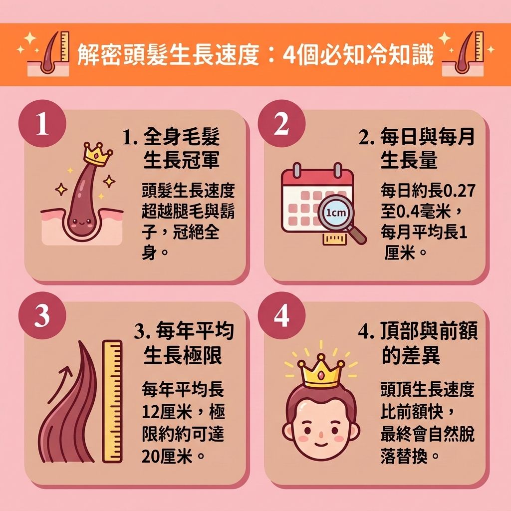 這是一張 1:1 正方形的可愛扁平化向量醫美資訊圖表，採用台灣健康部落格風格，為您解密【頭髮生長速度】與【生長期】的奧秘。圖表指出，若【頭皮】的【皮脂腺】異常引發【頭皮濕疹】，或受【雙氫睪酮】（由【荷爾蒙】轉化）影響，會導致毛囊提早進入【休止期】，引發【斑禿】與異常掉髮危機。

為了落實【預防脫髮方法】與【改善頭髮稀疏】，我們需【溫和清潔頭皮】與進行【頭皮深層清潔】，做好【日常頭皮護理】，以【改善頭皮環境】、【舒緩頭皮敏感】及【解決頭皮痕癢】。飲食方面，應補充【蛋白質】、【氨基酸】、【維他命】、【鐵質】與【鋅質】，幫助合成【角蛋白】，以【補充頭髮營養】，達到【強健脆弱髮根】的效果。

維持良好的【血液循環】能【促進頭皮血液循環】，進而【增快生髮速度】、【促進頭髮生長】並【延長生長週期】。若【毛囊】已出現萎縮徵兆，可使用含【米諾地爾】成分的【生髮水】，或尋求【專業生髮療程】的協助，這能有效【激活休眠毛囊】、【刺激毛囊再生】並【延緩毛囊老化】，從而【減少掉髮數量】並【增加頭髮密度】。若脫髮狀況極為嚴重，