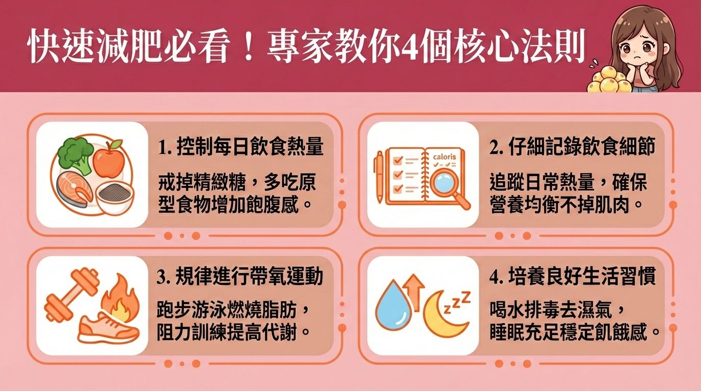 這是一張台灣健康部落格風格的醫美資訊圖表，教導大家如何快速減肥。圖中的長髮女生正為了雙下巴與手臂的拜拜肉感到苦惱，希望能消耗多餘熱量與減少脂肪積聚。專業營養師建議，首先要建立健康飲食，精準控制熱量攝取（計算卡路里），確保攝取足夠的蛋白質與膳食纖維，並減少精緻碳水化合物。

除了飲食，必須配合帶氧運動（如跑步等帶氧運動），這不僅能促進血液循環與改善水腫問題（消除水腫），更能燃燒體內脂肪與降低體脂率。同時加入阻力訓練以增加肌肉比例與預防肌肉流失（維持肌肉量），這有助於提升新陳代謝（促進新陳代謝）與提高基礎代謝率，從根本上改善易胖體質並突破減肥停滯期。

日常生活中要多喝水以利疏通淋巴排毒（促進淋巴系統與血液循環），並保持充足睡眠以穩定荷爾蒙。若想快速消除頑固脂肪（消滅頑固脂肪）與塑造緊緻線條，可考慮醫學美容的局部減脂療程。圖表下方特別推薦香港完美醫療的專屬瘦身方案，透過安全的無痛溶脂技術、醫美定位修形以及溶脂針療程，助您輕鬆重獲完美體態！