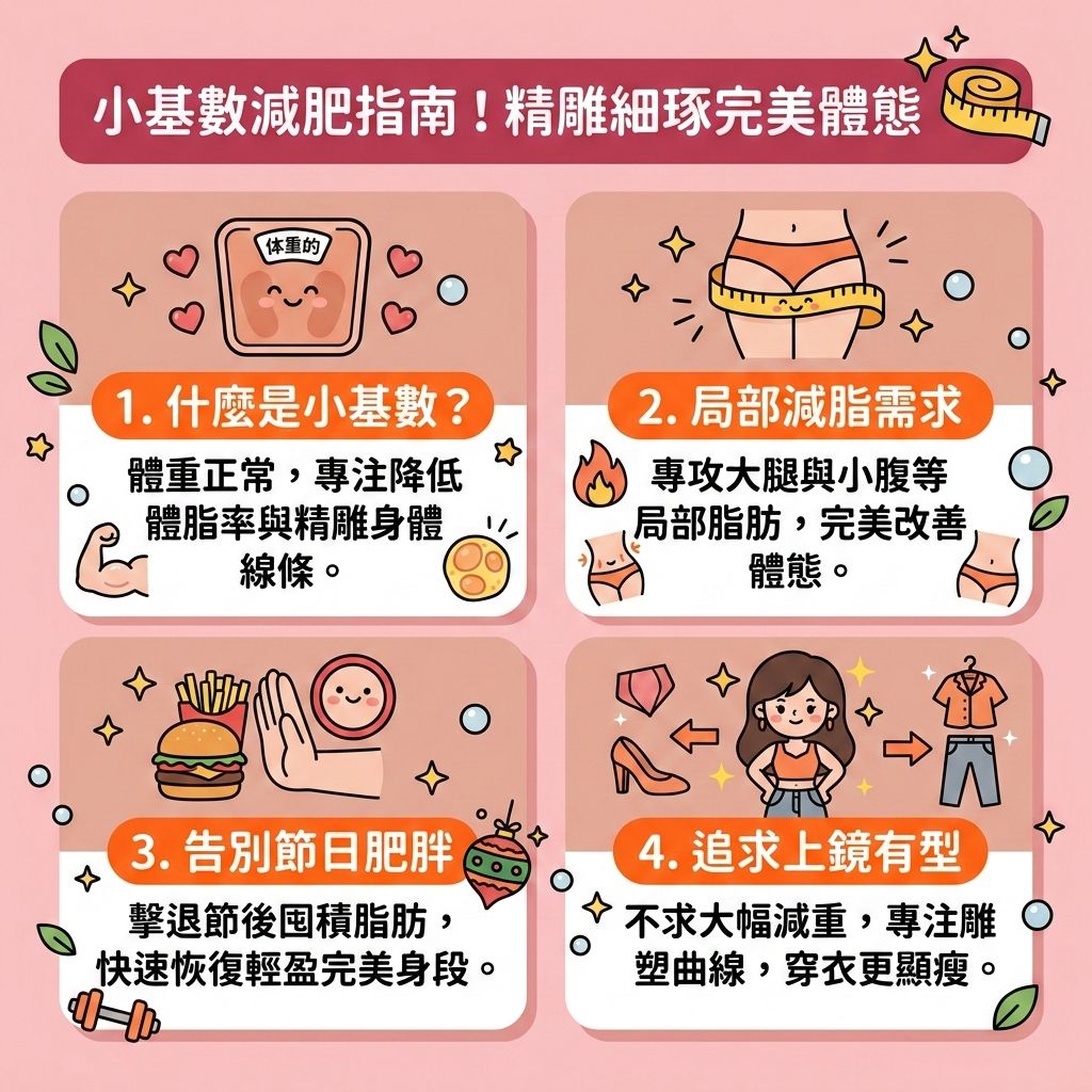 這是一張台灣健康部落格風格的 1:1 正方形教育性醫美資訊圖表,主題探討什麼是小基數減肥。許多人體重正常,但受基因與荷爾蒙影響,仍有水腫或局部肉肉問題。要打造易瘦體質與消除水腫型肥胖,我們需要健康減脂餐單與減脂增肌飲食,嚴格控制碳水化合物,攝取足夠蛋白質以增加肌肉量及維持肌肉量。同時,精算卡路里並控制熱量攝取,能有效預防脂肪積聚。
在運動方面,結合帶氧運動與無氧運動,能幫助提升基礎代謝與基礎代謝率,進而改善新陳代謝,達到降低體脂比例與體脂率的目標。這有助於縮小脂肪細胞,燃燒深層脂肪與消除頑固脂肪。針對討厭的皮下脂肪、內臟脂肪以及大肚腩,這套方法能幫助您解決局部肥胖並改善體態比例。
若您遇到停滯期,渴望突破減肥停滯期,或想進一步塑造緊緻線條,可以尋求醫學美容的協助。香港完美醫療提供專業的專屬瘦身方案與局部減脂療程。透過先進的無創減脂技術與溶脂儀器,進行精準的醫美定位修形,讓您輕鬆擁有理想曲線!