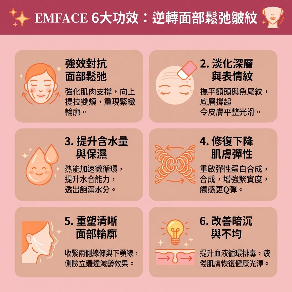 這是一張呈現台灣健康部落格風格的 1:1 正方形扁平化資訊圖表,介紹由專業診所****醫生推薦的瘦面療程推薦:EMFACE。這項非入侵性療程採用先進的高頻射頻技術(結合射頻與電磁波),透過專利探頭與儀器進行面部電刺激,實現深層的面部肌肉鍛鍊。
這項無創拉提技術能直達皮膚的真皮層與筋膜層,有效提拉筋膜層並刺激膠原增生(補充流失的膠原蛋白與彈力蛋白)。它能完美改善面部鬆弛,恢復皮膚彈性,達致極佳的拉提緊緻效果與醫美抗衰老功效。
這項療程針對面部肌肉與脂肪結構,能有效改善咀嚼肌肥大,並幫助消除雙下巴。透過提升蘋果肌(讓蘋果肌重現飽滿)與緊緻下頜線條(收緊下頜線),能成功提升面部輪廓(優化整體面部****輪廓)。此外,它更能減淡法令紋,撫平動態皺紋與靜態皺紋,絕對是延緩肌膚老化的最佳選擇。
