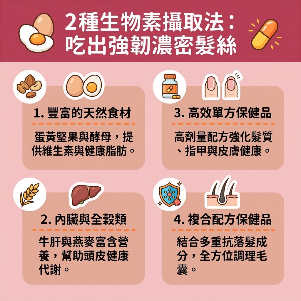 這是一張台灣健康部落格風格的 1:1 正方形資訊圖表，詳細圖解了生物素生髮功效與攝取指南。當面臨缺乏生物素脫髮、雄性禿或需要產後脫髮生物素調理時，我們必須重視生物素每日攝取量，這對於解決脫髮問題與改善頭髮稀疏至關重要。

圖表左側列出了富含生物素食物，如蛋黃、堅果與酵母。這些天然營養素富含蛋白質與氨基酸，能結合體內酵素，促進角蛋白合成（構成角蛋白），幫助新陳代謝並促進頭皮的血液循環。這能有效促進頭皮健康、平衡皮脂腺，並刺激毛囊生長，讓毛囊獲得充足養分，進而延長毛髮生長期，最終增加頭髮厚度並修復受損髮質。

圖表右側則提供優質的生物素保健品推薦與防脫髮維他命。適當補充這些保健品，不僅對指甲與皮膚有益，還能發揮極佳的強化髮根健康作用，幫助減少掉髮數量並預防異常掉髮。當然，日常也可搭配生物素洗頭水作為輔助。若擔心過量引起的生物素副作用，或持續面臨嚴重脫髮，建議尋求專業醫生的建議，安全有效地補充生物素，養出豐盈秀髮。