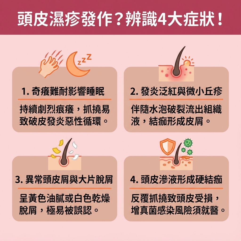 這是一張台灣健康部落格風格的正方形資訊圖表，以可愛且具醫美感的扁平化向量插畫，詳細講解「頭皮濕疹」與「脂漏性皮炎」的四大症狀。圖表幫助讀者及早發現並進行皮膚專科治療。

許多人面臨壓力、荷爾蒙變化、或環境濕度改變時，免疫系統容易失調，導致皮脂腺過度分泌皮脂。這會造成馬拉色菌與真菌過度繁殖，引發炎症、紅疹及異常的頭皮屑，甚至影響毛囊與角質層健康，流失蛋白質。為解決頭皮痕癢並改善頭皮發炎，專業醫生可能會建議使用類固醇或抗生素來控制病情。

圖表指出日常的脂漏性皮炎護理與毛囊炎護理保養非常重要。學習正確的藥用洗髮露用法，挑選含抑菌抗屑成分的藥用洗頭水，是極佳的去頭皮屑方法。搭配適當的頭皮去角質推薦產品進行頭皮深層清潔，不僅能減少細菌滋生、解決頭皮出油，更能預防毛囊堵塞。

在應對換季頭皮乾癢時，適當按摩可改善血液循環，並達到舒緩頭皮敏感的效果。圖表同時提醒，從根本上調整作息習慣與維持飲食清淡改善體質，不僅能全方位強化髮根健康，更是長遠預防脫髮問題的關鍵指南。