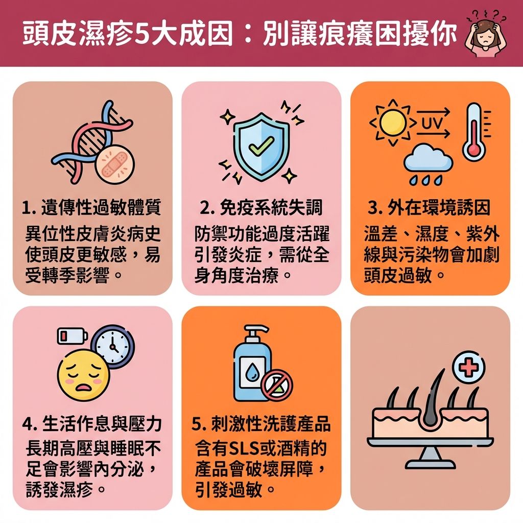 這是一張 1:1 正方形、可愛醫美風格的向量資訊圖表，主題為頭皮濕疹成因分析。圖表教導讀者如何解決頭皮痕癢與舒緩頭皮敏感。許多患者分不清濕疹與脂漏性皮炎，後者常與馬拉色菌及真菌滋生有關。當皮脂腺過度分泌皮脂，會導致解決頭皮出油困難，形成頭皮屑與紅疹，進而引發炎症。專業醫生進行皮膚專科治療時，可能會開立類固醇或抗生素，或建議搭配藥用洗頭水並遵循正確的藥用洗髮露用法。

圖表指出免疫系統失調與荷爾蒙波動是主因，環境濕度與生活壓力也會加劇症狀。為了改善頭皮發炎，正確的去頭皮屑方法包括使用含抑菌抗屑成分的產品以減少細菌滋生。日常應調整作息習慣並配合飲食清淡改善身體狀況。此外，透過頭皮深層清潔與頭皮去角質推薦方案清理老廢角質，能有效預防毛囊堵塞、避免毛囊受損及強化毛囊炎護理保養。這不僅能解決換季頭皮乾癢，更能改善血液循環、強化髮根健康、補充蛋白質並預防脫髮問題。