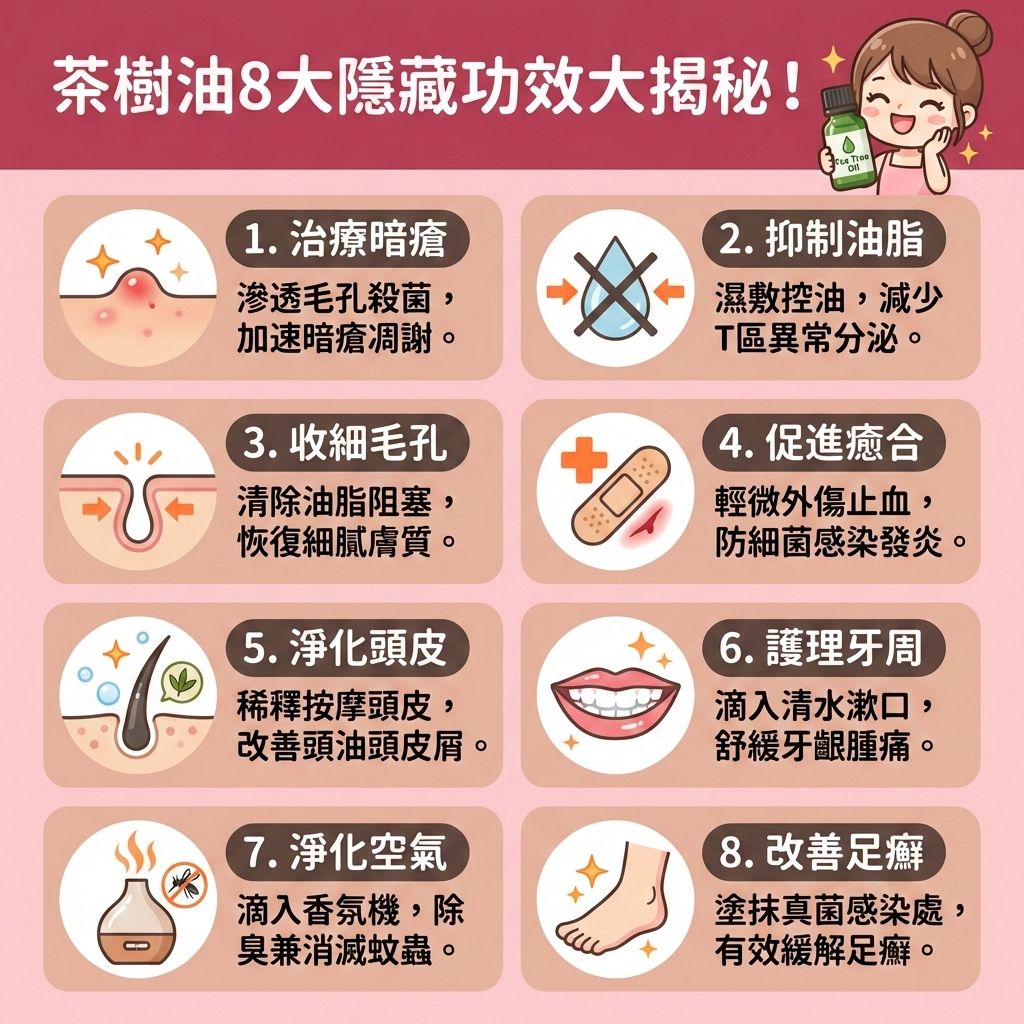這是一張關於茶樹油（天然精油）功效的台灣健康部落格風格醫美資訊圖表。圖表介紹了這種強效抗菌劑如何幫助敏感肌處理暗瘡與嚴重的痤瘡。當荷爾蒙失調時，皮脂腺異常會導致毛孔堵塞，形成粉刺和黑頭。適當將茶樹油稀釋使用或局部點塗，能發揮溫和殺菌與抗菌消炎作用，有效對抗痤瘡桿菌，幫助加速暗瘡凋謝。

日常護膚品若搭配水楊酸或蘆薈，並配合茶樹油，可溶解老廢角質，保護角質層，同時深層清潔毛孔。這能控制油脂分泌與調節水油平衡，達到減少黑頭粉刺和收細粗大毛孔的效果。對於發炎紅腫的痘痘，它能舒緩紅腫發炎、減輕發炎反應及舒緩鎮靜肌膚，並促進傷口癒合，減少痘印產生，從而修復受損屏障與改善粗糙膚質。

圖表提醒，為了避免刺激皮膚，必須注意用量。若情況嚴重，建議諮詢皮膚科醫生。圖表最後強烈推薦專業醫學美容機構完美醫療的皇牌暗瘡分手療程，從根本達到預防暗瘡復發！