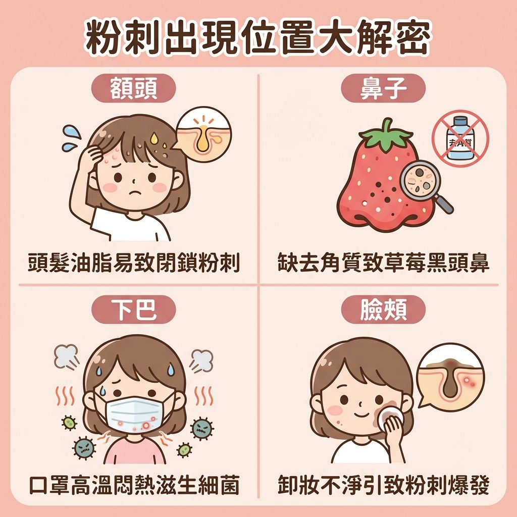 這是一張正方形的扁平化向量醫美資訊圖表,採用粉嫩配色(#F4C2C2, #E5B1A1)與亮橙色(#FF8C42)點綴,主題為不同面部位置的粉刺(包括白頭與黑頭)成因解析。
圖表中央有一個可愛的女孩臉龐,標示出四個易長粉刺的區域。首先,額頭因頭髮油脂或洗髮產品殘留,若不去除老廢角質,會導致死皮堆積在角質層。鼻頭因皮脂腺發達,容易出現毛孔堵塞,需導出黑頭與溶解黑頭,並進行深層清潔。下巴則因口罩悶熱滋生痤瘡桿菌,破壞了水油平衡;而臉頰通常因卸妝不淨或過度摩擦傷及真皮層,若忽視可能惡化成暗瘡甚至石頭瘡。
圖表建議日常護理應清除污垢以疏通毛孔,並避免擠壓來預防發炎。可選用含果酸、水楊酸、杏仁酸或杜鵑花酸的產品來溫和去角質及軟化角質細胞,有助抑制油脂分泌、促進新陳代謝和收細毛孔。發炎時可使用蘆薈或暗瘡貼,達到消炎殺菌與舒緩紅腫的效果。若想改善粗糙膚質、刺激膠原增生、淡化暗瘡印及預防復發,強烈推薦尋求完美醫療的暗瘡分手療程等專業協助。