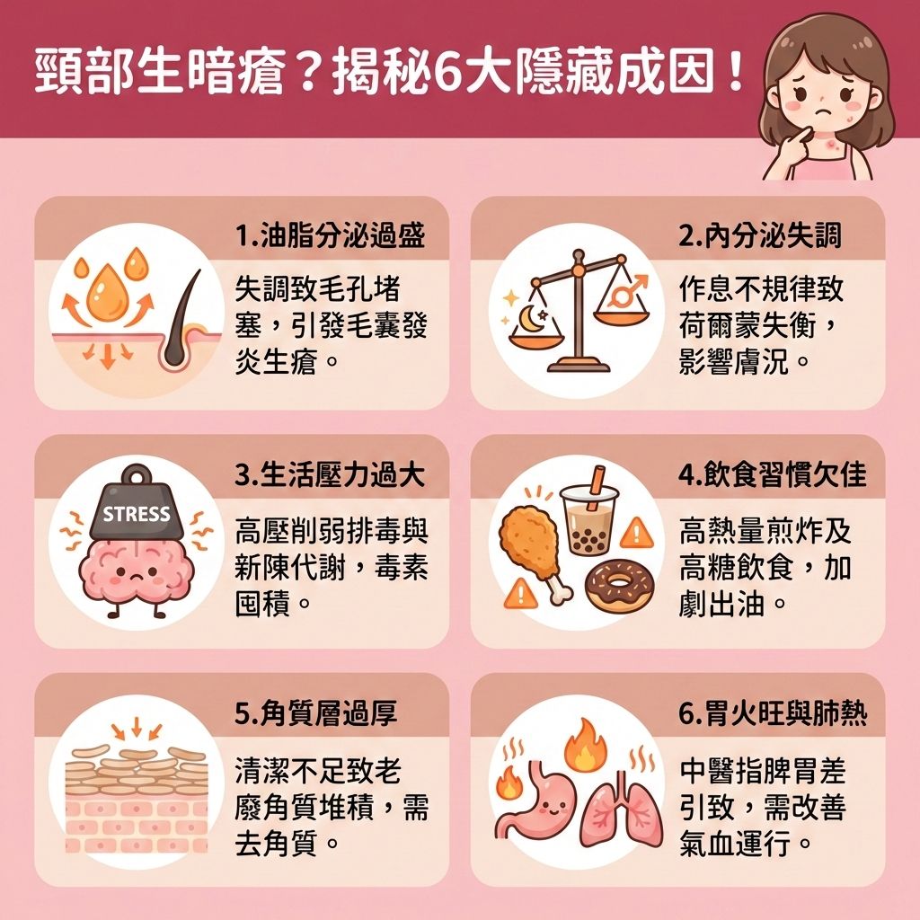 這是一張關於頸部及臉部邊緣長暗瘡的台灣健康部落格資訊圖表。圖表指出,無論是油性肌膚、乾性肌膚還是敏感肌,若日常使用了防曬霜或化妝品,都必須重視卸妝。若沒有正確使用卸妝水、卸妝油、卸妝膏或卸妝乳配合化妝棉進行溫和卸妝與溶解彩妝,且未注意乳化過程,極容易導致臉頰邊緣與頸部殘留污垢。
這些污垢會與老廢的角質層混合,進而堵塞毛孔,形成粉刺與黑頭。後續需使用洗面奶進行徹底清潔與深層清潔,但要避免過度清潔以保護脆弱的皮脂膜並修復皮膚屏障。正確的清潔能達致洗後不緊繃、保持肌膚水分及舒緩泛紅敏感。
透過定期去除老廢角質,能有效控制油脂分泌與調節水油平衡,從而減少黑頭粉刺並預防暗瘡增生。這不僅有助於改善粗糙膚質,更能提升後續吸收****護膚品的能力。若毛孔發炎問題嚴重,建議尋求專業醫學美容協助。圖表強烈推薦完美醫療的皇牌暗瘡分手療程,助您徹底解決痘痘煩惱!