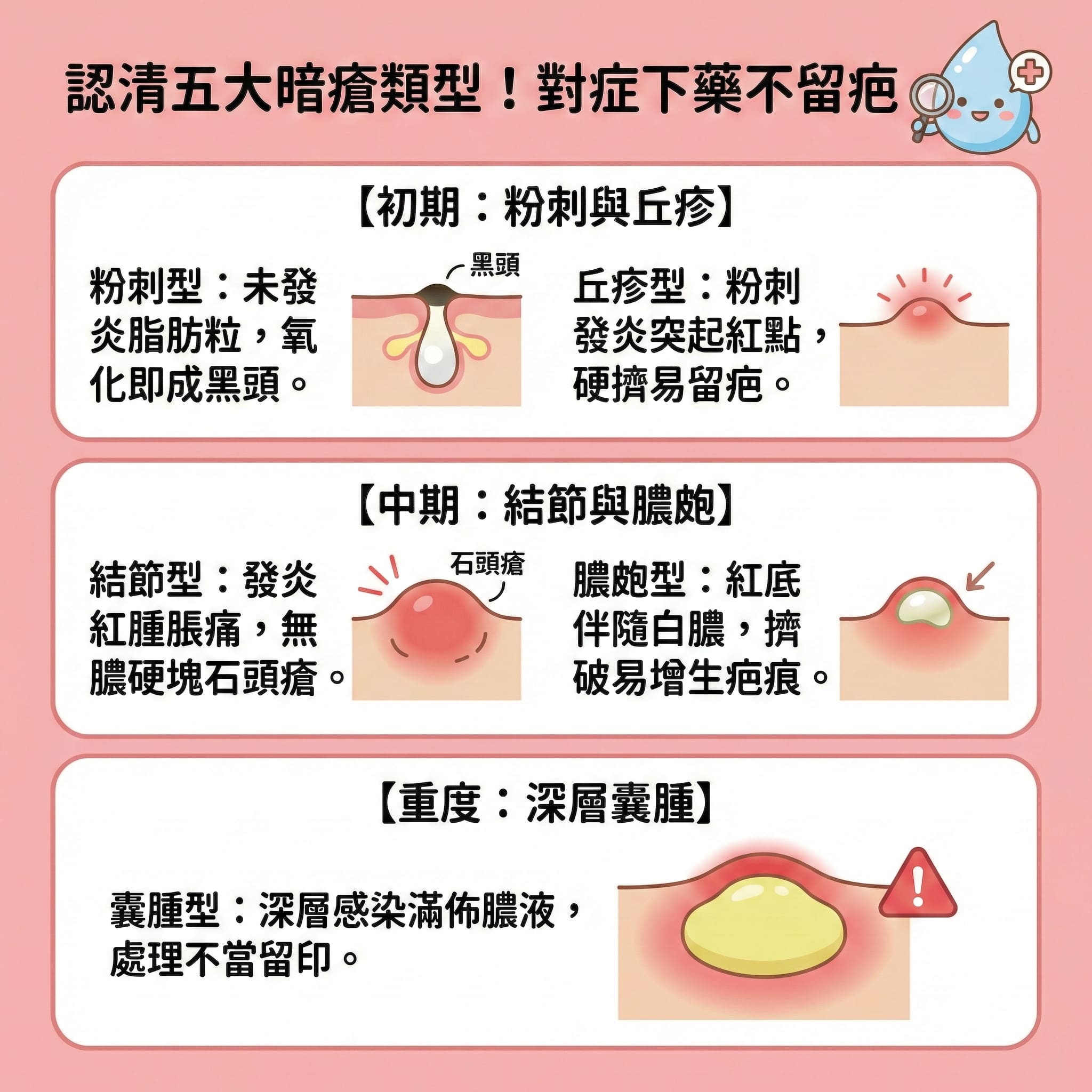 這是一張方形的扁平化向量資訊圖表,主題為「認清五大暗瘡類型!對症下藥不留疤」,背景為柔和粉色。圖表詳細分類了皮膚上的五種暗瘡形態,從老廢角質堵塞毛孔形成的黑頭粉刺,到嚴重的囊腫型。圖表教育大眾在日常皮膚護理中應正確處理,切勿亂擠以免留下傷口。坊間許多人在網上搜尋木瓜霜暗瘡的偏方,想利用澳洲出產的木瓜霜(被譽為萬用霜)來點塗痘痘。雖然澳洲木瓜霜含有天然木瓜酵素(木瓜的酵素),具備一定的抗菌消炎作用,且其木瓜霜成分主要為醫療級凡士林(凡士林),常見的木瓜霜用途和木瓜霜功效多為滋潤保濕、舒緩乾燥、修復傷口、預防疤痕,甚至廣泛用於改善濕疹、紓緩尿布疹(治療尿布疹、濕疹)、處理燙傷及作為蚊叮蟲咬止痕(針對蚊蟲叮咬)的良藥。它也是極佳的護唇膏和潤唇膏推薦,能深層滋潤嘴唇。然而,把它當作治痘護膚品卻可能因質地過於厚重而阻塞毛孔,反而惡化發炎。正確的做法應是確實做好卸妝,並利用酸類保養來溫和去角質及溶解黑頭,才是治本之道。