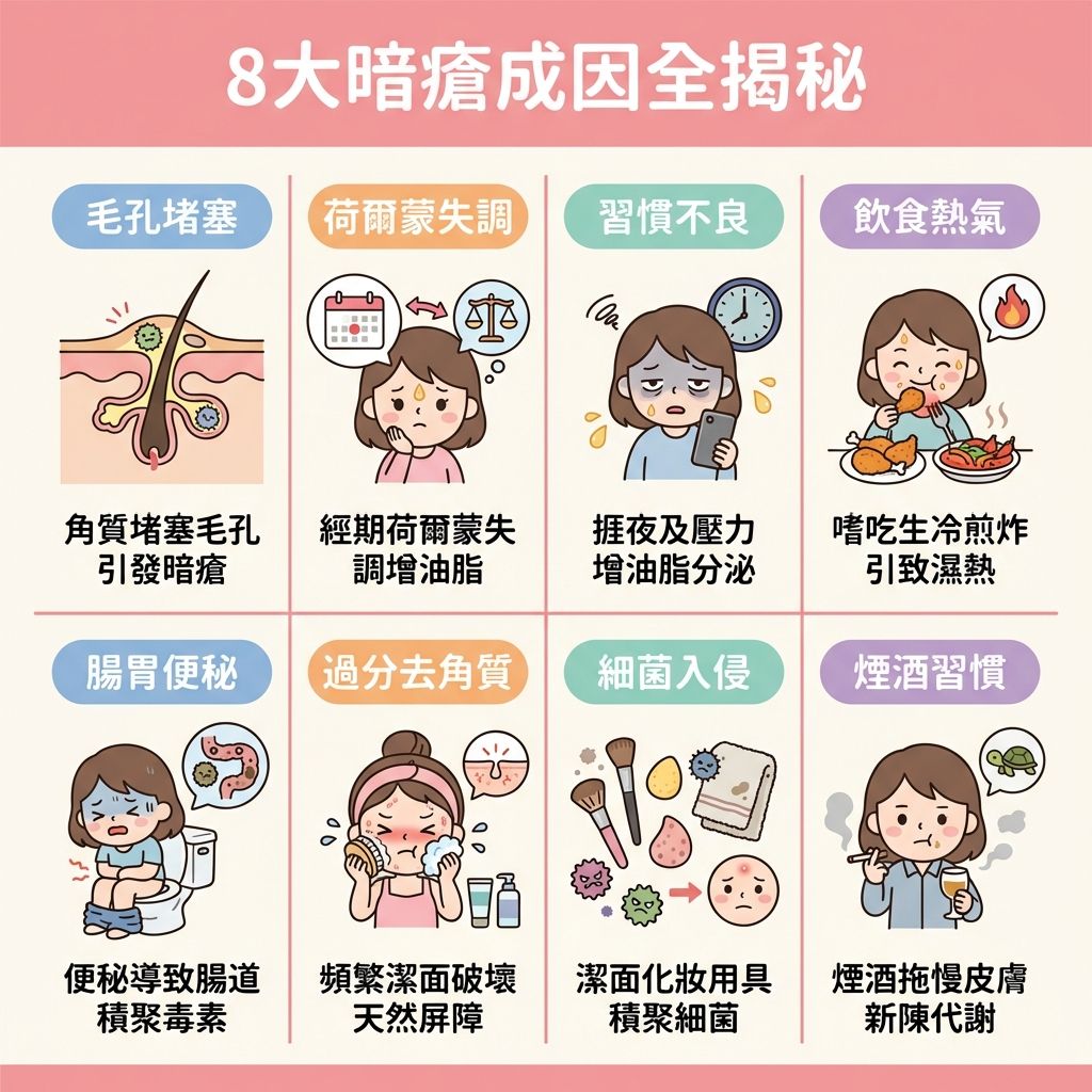 這是一張正方形扁平化醫美資訊圖表，教導如何有效去暗瘡。圖表詳細分析八大成因：當壓力過大、睡眠不足或飲食高糖煎炸時，會擾亂內分泌與荷爾蒙，刺激皮脂腺分泌過多油脂。若角質層過厚，便會引致毛孔堵塞，滋生痤瘡桿菌，形成黑頭、粉刺甚至嚴重的石頭瘡。

日常護理建議選用合適的潔面乳進行深層清潔，並適度使用含水楊酸或果酸的產品來溫和去角質與軟化角質，以疏通毛孔、收細毛孔並抑制油脂分泌。這能有效減少皮脂分泌，達致水油平衡與清爽控油。

發現痘痘時務必避免擠壓以預防發炎及預防留下凹凸洞，應注重消炎殺菌、減輕發炎與舒緩紅腫，從而改善粗糙膚質。為了調理內分泌及促進新陳代謝，徹底解決問題並預防復發，圖表強烈推薦體驗完美醫療的高科技療程（如激光），不僅能刺激膠原增生，更能有效淡化暗瘡印，重拾健康平滑肌膚。