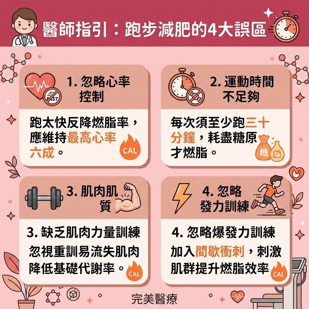 這是一張台灣健康部落格風格的 1:1 正方形資訊圖表，主題探討跑步減肥的正確觀念與破解空腹跑步迷思。圖表教導我們如何透過結合有氧運動與無氧運動來燃燒脂肪與預防脂肪積聚。重點在於控制心跳率，以確保最佳的慢跑減肥效果，有效減少內臟脂肪與皮下脂肪。

若想突破減肥停滯期並降低體脂比例（降低體脂率），除了運動，控制熱量攝取與注重運動後進食也是增肌減脂飲食的關鍵。日常應攝取優質蛋白質與適量碳水化合物，並可補充富含膳食纖維、能促進腸胃蠕動的秋葵，或飲用含有兒茶素減脂功效的綠茶。配合適度的間歇性斷食，能進一步提升基礎代謝與整體的基礎代謝率，加速新陳代謝並增加肌肉量，從而消耗更多卡路里（代謝脂肪）。

遵循這些原則能有效減大肚腩（減去大肚腩），消除頑固脂肪，成功打造易瘦體質並塑造緊緻線條。若追求更精準的專屬瘦身方案，香港完美醫療等醫學美容機構提供了頂尖的局部減脂療程。透過安全的無創減脂技術進行醫美定位修形，能高效幫您雕塑出理想曲線！