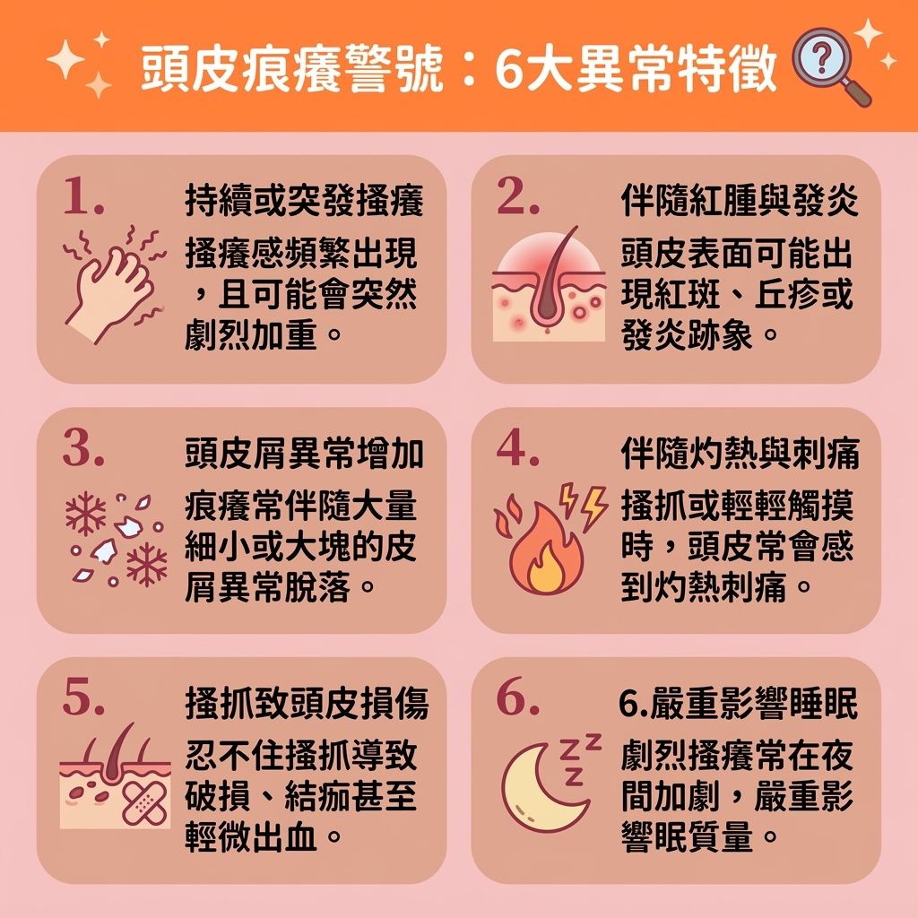 這是一張 1:1 扁平化醫美資訊圖表，教導大家【正確洗頭方法】與【日常頭皮護理】。圖中解析【頭皮】痕癢特徵，指出當【壓力】、【氣候】變化、【荷爾蒙】失調或【免疫系統】變弱時，會影響【皮脂腺】，分泌過多【油脂】或流失【水分】。這會破壞【角質層】，引發【敏感】與【紅腫】，導致【頭皮屑】增多。若感染【真菌】，易引發【濕疹】或【皮膚炎】。

為【舒緩頭皮痕癢】與【解決頭皮乾燥】，必須【避免過度清潔】，選擇溫和的【洗頭水】與【護髮素】來【溫和清潔頭皮】及【深層清潔毛孔】。洗髮時要注意【降低洗頭水溫】，這有助於【控制油脂分泌】、【保持水油平衡】並【修復受損屏障】。這能有效【減少頭皮屑】、【舒緩頭皮敏感】，保護【毛囊】與【髮絲】，進而【預防毛囊發炎】。

具備【抗菌消炎作用】的護理能【改善頭皮環境】。若症狀嚴重需及時【尋求專業治療】以【治療脂漏性皮炎】。這不僅能【改善睡眠質素】，更能防止深層毛囊受損引起的【脫髮】，達到【預防異常脫髮】的目標！