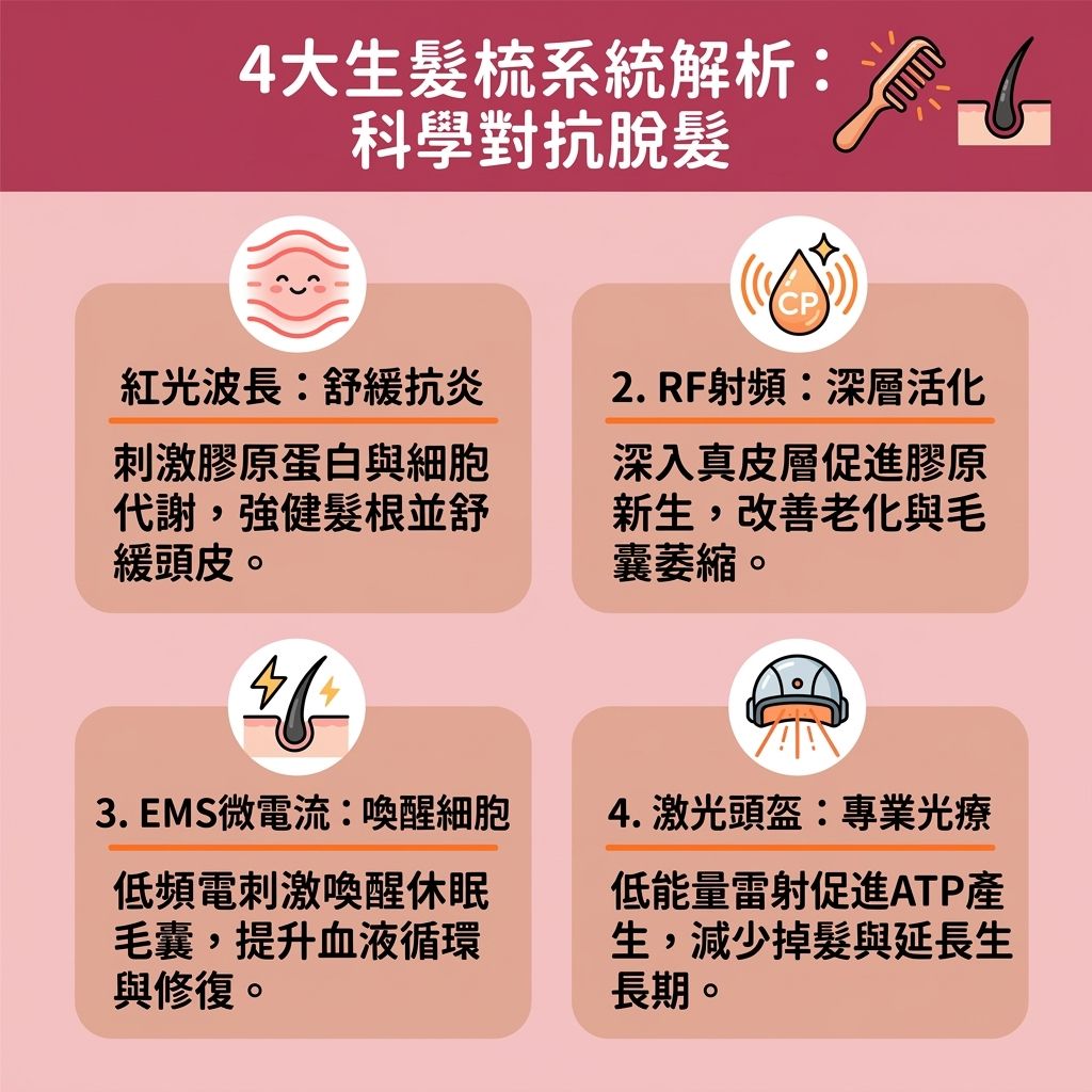 這是一張台灣健康部落格風格的 1:1 正方形資訊圖表,深入解析家用生髮儀器的科學原理。許多人好奇生髮梳有用嗎?其實透過專業認證的生髮梳,能有效幫助治療初期脫髮與改善頭髮稀疏。圖表詳細比較了不同技術的防脫髮產品比較,包括紅光生髮治療中的紅光,能控制油脂並刺激膠原蛋白增生;以及利用微電流技術來喚醒休止期毛囊,這些都有極佳的激光生髮梳效果。
圖表建議在正確的生髮梳使用方法下,搭配生髮精華與營養素(配合生髮水使用),能進一步促進頭皮血液循環(改善血液循環),幫助深層細胞與頭皮的新陳代謝。這不僅能刺激毛囊生長、增強髮絲韌度,更能產生三磷酸腺苷,從而延長毛髮生長期,保護正常的頭髮週期。
對於對抗雄性禿與脫髮,採用低能量激光技術能深入髮根與毛囊,有助於強化髮根健康、解決髮線後移並減少掉髮數量。圖中也列出了優質的生髮梳推薦,結合頭皮按摩生髮,能在避免生髮梳副作用的前提下,達到最佳護理。如有需要,請向皮膚科醫生諮詢。