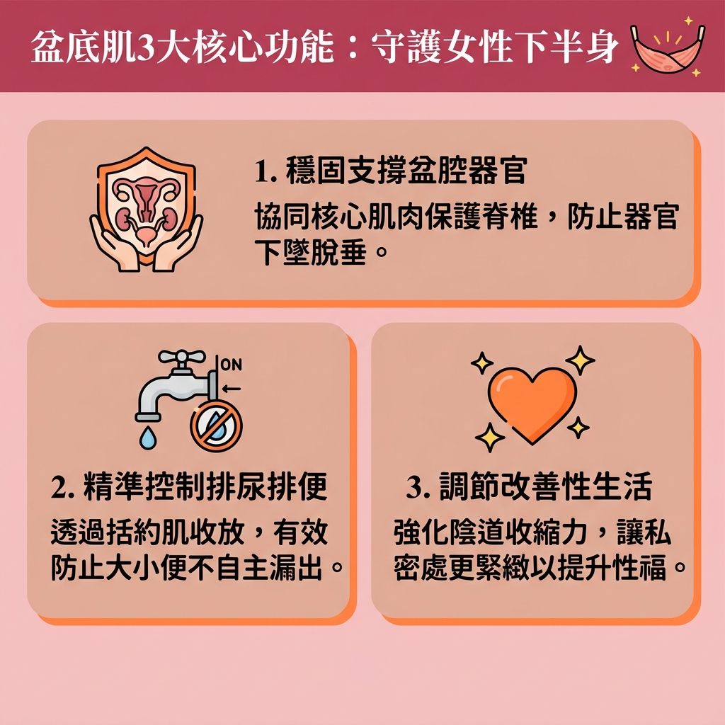 這是一張1:1正方形的台灣健康部落格風格資訊圖表，詳細解說【盆骨底肌肉】（簡稱盆底肌）的3大核心功能及【泌尿系統健康】保養。圖解指出，隨著【更年期】到來引發的【荷爾蒙】與【雌激素】下降，或【產後婦女】面臨的【產後陰道鬆弛】與【膠原蛋白】流失，都會導致盆底肌及【核心肌肉】無力。這不僅無法支撐【盆腔器官】（如【子宮】、【膀胱】、【直腸】、【尿道】與【陰道】），還會影響【括約肌】功能。

若忽視保養，極易引發【尿頻】、【尿滲】及【尿失禁】，造成【打噴嚏漏尿】、【大笑漏尿】與【夜尿頻繁】等窘境。為【預防子宮下垂】並【提升盆腔承托力】，圖表建議可透過【凱格爾運動】來【收緊盆骨底肌】與【增強膀胱控制】。這能有效作為【改善尿頻方法】與解決【改善滴尿問題】的基礎。

對於尋求【產後漏尿解決】及【改善尿滲問題】的女性，圖表亦推薦一項【無創修復療程】——【幸福椅】。這項【非入侵性治療】利用【電磁波】（即【高強度聚焦電磁波】）技術，深入【刺激肌肉收縮】，快速【修復盆底肌】與【強化括約肌】。它是極佳的【治療尿失禁】方案，助你徹底告別漏尿煩惱。