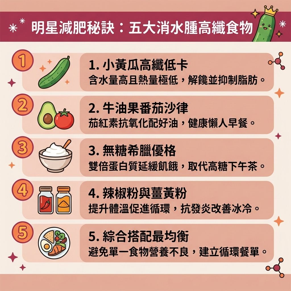 這是一張 1:1 正方形的扁平化向量資訊圖表插畫，嚴格採用台灣健康部落格懶人包風格。圖表以可愛、具教育性與醫美感的方式解析「明星減肥秘訣：五大消水腫高纖食物」，底部保持純淨無字並無縫應用背景色。

圖表教導如何透過改善飲食習慣來建立一份完美的健康減重餐單與減脂增肌飲食。透過攝取富含膳食纖維、維他命與礦物質的蔬菜，以及蛋白質（如雞胸肉與希臘優格），能有效延長飽足時間並增加飽足感。若以燕麥等抗性澱粉來取代精緻澱粉，這種優質的碳水化合物能幫助穩定血糖水平，控制血糖與胰島素。

健康飲食能控制熱量攝取，減少攝入多餘的卡路里。高纖食物能促進腸胃蠕動，達到排毒清腸宿便的作用。同時，加入薑黃等香料能改善水腫，有效消除下肢水腫。正確的飲食搭配能提升基礎代謝與整體的基礎代謝率，加速新陳代謝，精準燃燒深層脂肪，消滅內臟脂肪、皮下脂肪與多餘脂肪。這能減少脂肪囤積，大幅降低體脂比例與體脂率，助您順利突破減肥停滯期，預防體重反彈，輕鬆打造易瘦體質。

若追求更完美的曲線，圖表側邊的醫美專區建議可結合醫學美容的無創減脂技術與局部減脂療程。透過先進的溶脂科技進行醫美定位修形，全方位雕塑您的健康自信美！