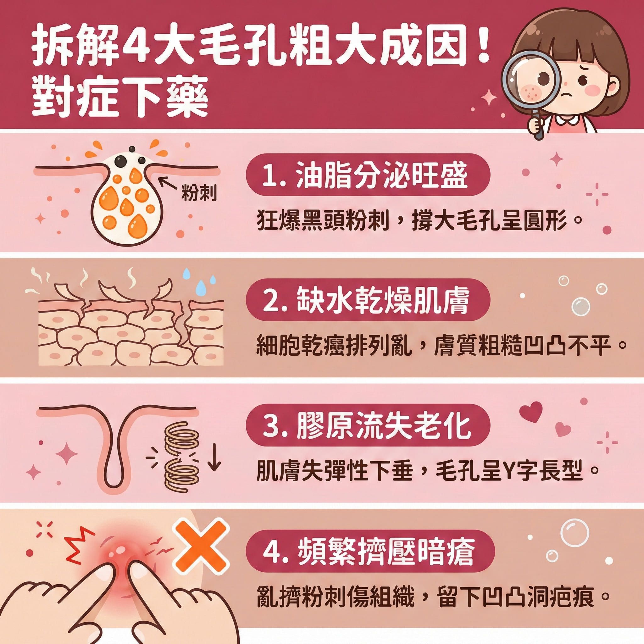 這是一張正方形的可愛扁平化醫美資訊圖表，詳細分析四大毛孔粗大的成因與對策。圖表第一部分指出皮脂腺過度活躍會分泌大量油脂，若角質層過厚會形成黑頭與粉刺。建議使用含水楊酸或果酸的潔面乳與爽膚水進行深層清潔與溫和去角質，以溶解黑頭、減少皮脂分泌、抑制油脂分泌，達致水油平衡與清爽控油，從而疏通毛孔及防止毛孔堵塞。

第二部分說明肌膚缺水問題，需注重鎖水保濕，補充透明質酸來修復皮膚屏障與改善粗糙膚質。第三部分描繪老化現象，隨著膠原蛋白與彈性纖維流失，需適時使用視黃醇及做好日常防曬，有助於延緩皮膚衰老、提升肌膚彈性與緊緻肌膚。第四部分警告亂擠暗瘡會損害組織。

為全面預防毛孔粗大及收細毛孔，圖表推薦結合高科技如激光與射頻療程。特別推介完美醫療的暗瘡分手療程，能促進新陳代謝、刺激膠原增生、有效淡化暗瘡印，從根源解決所有肌膚煩惱。