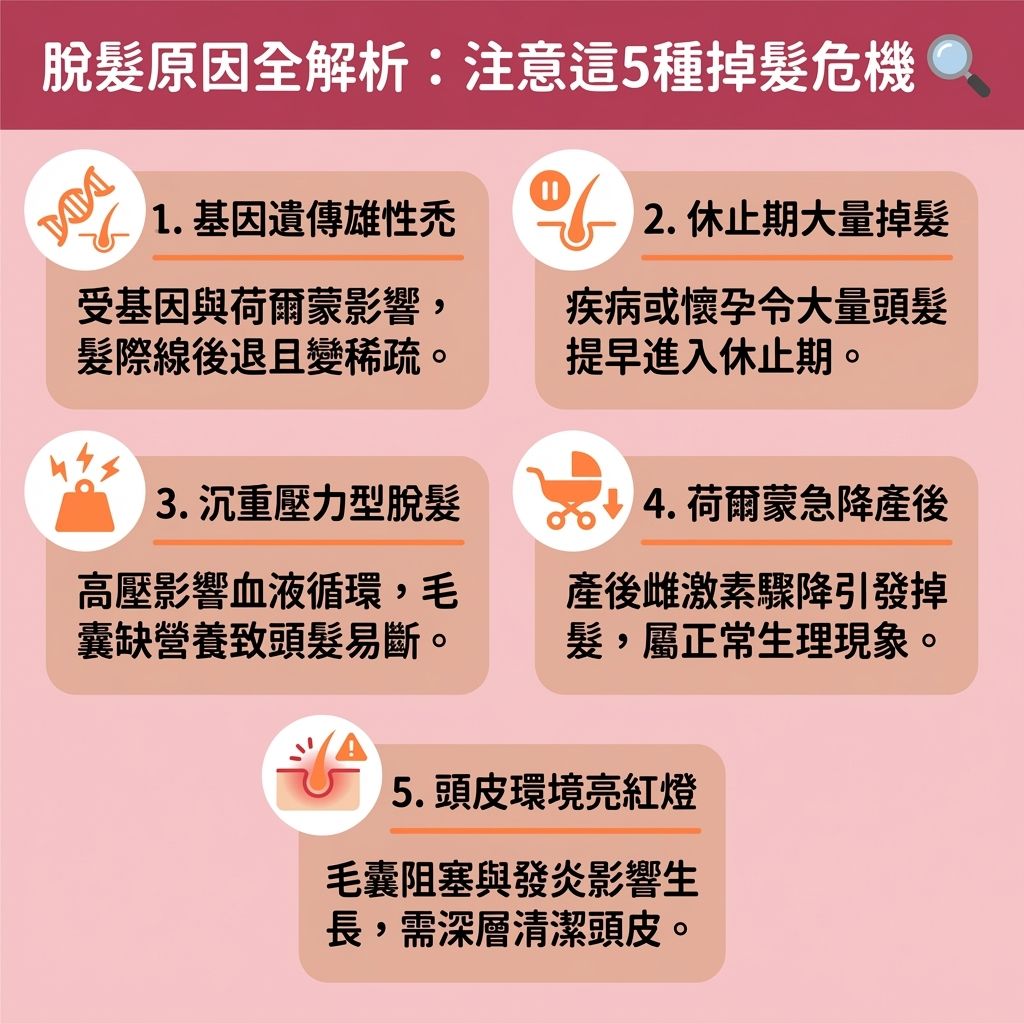 這是一張台灣健康部落格風格的 1:1 正方形資訊圖表,詳細圖解了5大脫髮原因及對應的生髮洗頭水推薦指南。面對基因引發的雄性禿與荷爾蒙變化,我們亟需尋找解決髮線後移與改善頭髮稀疏的對策。此時,選擇合適的雄性禿洗頭水或防脫髮洗髮露非常關鍵。
針對皮脂腺分泌旺盛引發的發炎與頭皮屑,圖表建議使用去頭皮屑洗頭水進行頭皮深層清潔,以控制頭皮出油並舒緩頭皮敏感。優質的生髮洗頭水常含有咖啡因、生物素、鋸棕櫚與藍銅勝肽等營養素。發揮咖啡因洗頭水功效能促進頭皮血液循環(改善血液循環)與深層新陳代謝,從而活化休止期毛囊、刺激毛囊生長並延長毛髮生長期。
為了改善產後脫髮與壓力掉髮,應挑選富含角蛋白與膠原蛋白的無矽防脫洗頭水,以強化髮根健康、保護髮根及增強髮絲韌度,最終達到減少掉髮數量的效果。若頭皮感染真菌,可考慮含酮康唑成分的產品,但須留意生髮洗頭水副作用。如情況嚴重損害頭皮與毛囊,務必尋求皮膚科醫生的專業診斷。