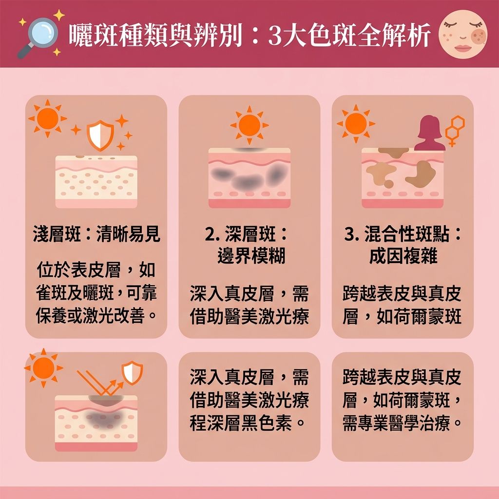 這是一張1:1正方形扁平化的台灣健康部落格風格資訊圖表，詳細解說【曬斑成因】與不同深淺的【色斑】種類。當皮膚受【紫外線】侵襲，【表皮層】與【真皮層】的【黑色素細胞】會活躍，令【黑色素】在深層及【角質層】堆積，形成淺層的【曬斑】、【雀斑】與初期【老人斑】，或演變成複雜的混合性【荷爾蒙斑】。

為了【預防黑色素沉澱】與【預防色斑形成】，日常必須採取正確的【物理防曬方法】，使用含【二氧化鈦】與【氧化鋅】的【物理防曬】產品，或配合【化學防曬】成分的【防曬霜】來【阻截黑色素】、【抵禦光老化】及【防止肌膚老化】。同時，搭配抗氧化【護膚品】來【抵抗自由基】與【促進新陳代謝】。

若想【解決色素沉澱】、【去除色斑】並【淡化曬斑】，以【改善暗沉肌膚】與【改善膚色不均】，可以尋求專業的【去斑療程推薦】。市面上先進的【激光】與【皮秒激光】等醫美科技，能精準【擊碎深層黑色素】，帶來極佳的【激光去斑效果】。這不僅能達到【美白去斑】與【提亮膚色】的功效，還能【刺激膠原增生】（喚醒肌底【膠原蛋白】），讓你重拾無瑕美肌。