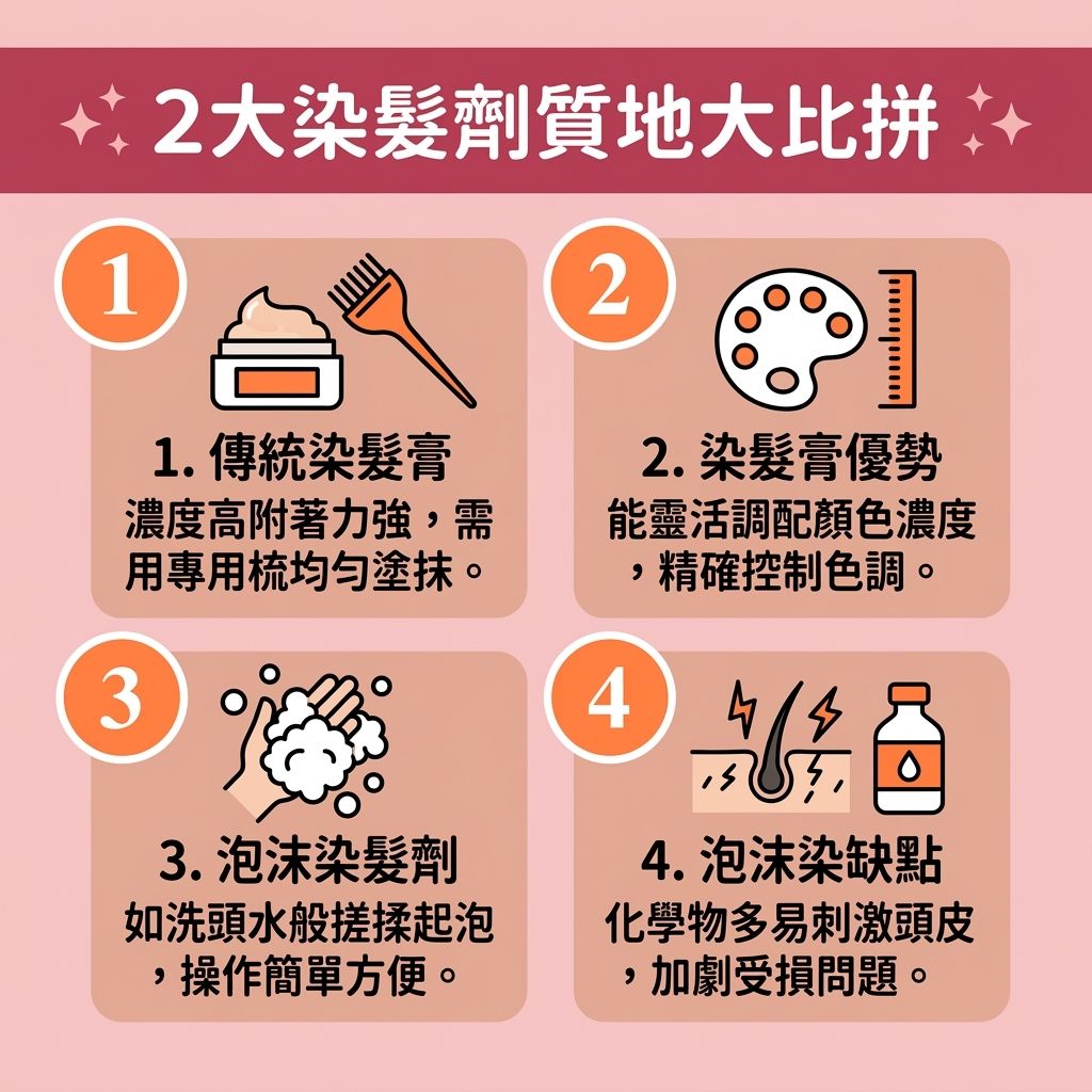 這是一張醫美資訊圖表,比較不同【染髮劑】的優缺點。圖中指出,【漂髮】與染髮過程中的化學物如【雙氧水】、【氨水】及【對苯二胺】會嚴重破壞【髮絲】的【黑色素】與【蛋白質】,並抽乾【水分】,導致保護性的【角質層】與【毛鱗片】受損。若【染髮劑成分】刺激性過強,會引發【染髮頭皮敏感】,令【頭皮】與深層【毛囊】出現異常【敏感】與【紅腫】,甚至引發【脫髮】等嚴重的【染髮副作用】。
為落實【染髮後護理】與【漂染頭髮保養】,我們需做好【染髮前頭皮隔離】以【隔離化學傷害】。染髮後建議使用【植物性染髮推薦】產品,並以【溫和清潔頭皮】的方式洗髮。搭配【護色洗頭水】能有效【預防頭髮褪色】並減緩【褪色】速度。
日常保養需勤塗抹【護髮素】與【髮膜】,進行【鎖水保濕護理】與【深層滋潤頭髮】。這不僅能【補充頭髮營養】、【修復受損髮絲】,更能【撫平頭髮毛躁】及【解決頭髮乾燥】。此外,吹髮時要【減少熱力傷害】,這有助於【改善頭髮打結】、【防止頭髮斷裂】並大幅【增加頭髮光澤】!