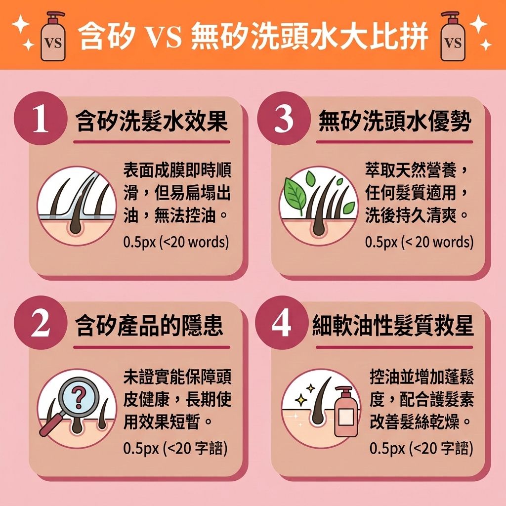 這是一張 1:1 正方形的可愛扁平化向量醫美資訊圖表，教導大眾如何進行日常頭皮護理與挑選防脫髮洗頭水。圖表詳細比較了無矽洗頭水與一般含矽靈產品的差異。若使用含矽洗頭水，雖然能短暫撫平毛鱗片，但長期下來容易堵塞毛孔、影響皮脂腺與角質層，甚至會引起頭皮敏感。不良的殘留物會妨礙深層清潔頭皮與清潔頭皮污垢，導致無法解決頭皮痕癢、減少頭皮屑與舒緩頭皮發炎。

作為有效的預防脫髮方法，我們建議在選擇防脫髮產品時優先考慮無矽配方。它能溫和清潔頭皮並改善頭皮環境，為頭皮、毛囊與頭髮補充天然蛋白質與氨基酸。無矽產品能有效增加頭髮蓬鬆度，配合護髮素則能修復受損髮絲。

對於受荷爾蒙或雙氫睪酮影響而產生雄性禿及脫髮危機的人士，無矽產品不會造成額外負擔。日常若搭配生髮水，加上良好血液循環來促進頭皮血液循環，能幫助強健脆弱髮根。這不僅有助於改善頭髮稀疏，更能刺激毛囊再生，讓髮根從休止期重返生長期，進一步延長生長週期，守護頭皮健康！