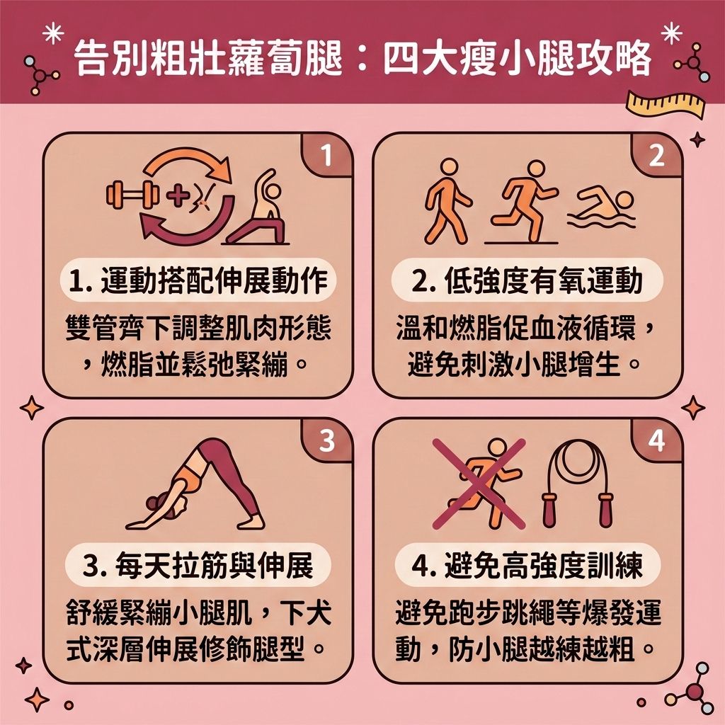 這是一張 1:1 正方形的扁平化向量資訊圖表插畫,嚴格採用台灣健康部落格懶人包風格。圖表以可愛、具教育性與醫美感的方式解析「告別粗壯蘿蔔腿:四大瘦小腿攻略」,底部保持純淨無字並無縫應用背景色。
內容詳細介紹最有效的減小腿肌肉方法,教您如何消除蘿蔔腿與改善粗壯小腿。日常常穿高跟鞋或不良步態會導致小腿的腓腸肌與比目魚肌過度發達,甚至牽動阿基里斯腱緊繃,阻礙血液循環與淋巴系統正常運作,造成皮下脂肪與脂肪細胞囤積。
圖表建議結合有氧運動與伸展運動。每天進行小腿拉筋動作與拉筋,配合適當的瘦小腿按摩技巧,能有效放鬆緊繃肌肉、減少肌肉充血並促進血液循環。這不僅有助於排毒去水腫與消除下肢水腫,還能改善腿部線條與塑造筆直長腿。同時,要注意矯正走路姿勢,控制熱量攝取創造熱量赤字,適度攝取優質蛋白質,有助於提升新陳代謝並突破減肥停滯期,進一步控制肌肉量。
針對極難消除的部位,側邊專欄介紹了醫學美容的醫美瘦小腿推薦。透過注射肉毒桿菌或瘦腿針,能展現極佳的肉毒瘦小腿效果;若要擊退頑固脂肪,可選擇局部減脂療程,如先進的微波溶脂與無創溶脂技術,為您精準雕塑完美小腿!