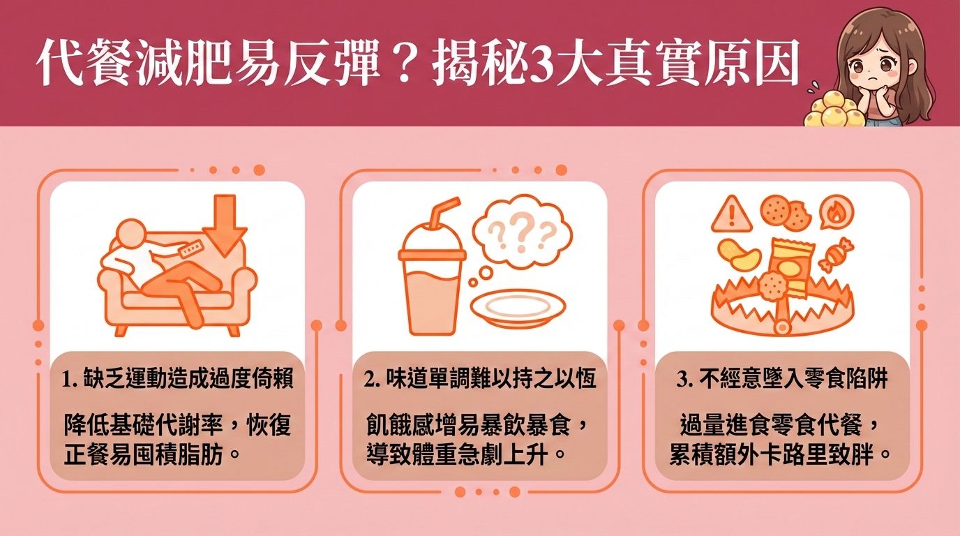 這是一張台灣健康部落格風格的醫美資訊圖表，解說為何依賴代餐（如奶昔）容易反彈。圖中長髮女生正苦惱於脂肪囤積。許多人以代餐替代日常正餐來控制熱量攝取（精算卡路里）與降低糖分吸收。雖然優質代餐能提供蛋白質、膳食纖維、維他命、礦物質及適量碳水化合物，以補充全面營養並延長飽足感（增加飽腹感），但若缺乏帶氧運動，會導致肌肉量下降，無法提升基礎代謝與新陳代謝，甚至降低基礎代謝率。

專業營養師建議，要燃燒體內脂肪並改善易胖體質，必須建立均衡健康飲食並配合帶氧運動來消耗多餘熱量。這不僅能促進腸道蠕動、穩定血糖，更能預防肌肉流失與增加肌肉比例。透過持續追蹤減重進度，監控體重指數與體脂率，才能有效減少脂肪積聚並突破減肥停滯期。若想針對性地消除頑固脂肪，可考慮醫學美容的局部減脂療程。香港完美醫療提供專業的醫美定位修形，助您健康瘦身不反彈！