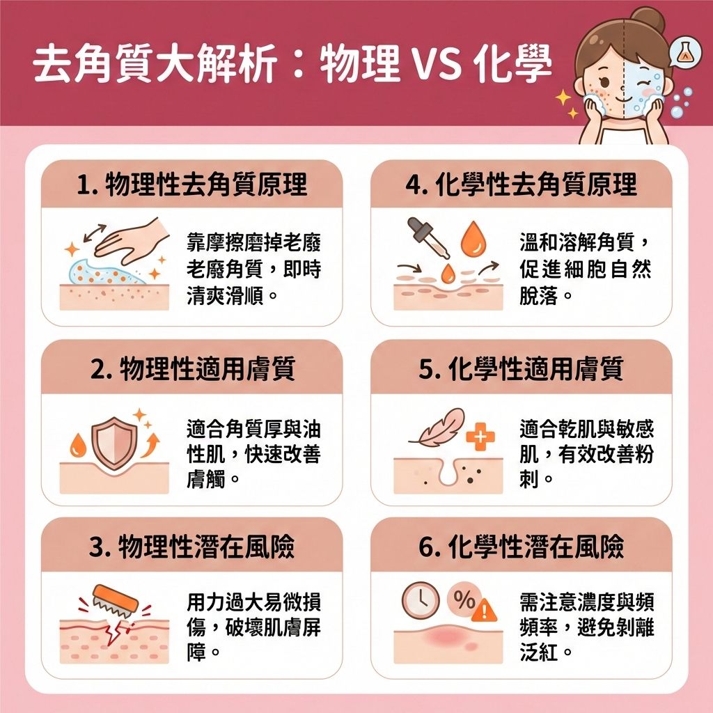 這是一張台灣健康部落格風格的正方形醫美資訊圖表,詳細描述兩種去角質原理。圖中展示對於油性肌膚和混合肌,若皮脂腺分泌旺盛,容易積聚黑頭、粉刺及暗瘡。此時可透過磨砂膏或去角質凝膠進行物理摩擦,以深層清潔毛孔並去除老廢角質,有助於改善粗糙膚質及提亮暗沉膚色。
另一方面,化學性方式適合敏感肌,透過果酸、水楊酸或杏仁酸等護膚品及爽膚水,能溫和潔淨肌膚並溶解堆積油脂。這不僅能疏通堵塞毛孔、控制油脂分泌,更能加速細胞更新與減少黑頭粉刺,幫助調節水油平衡與維持肌膚水分。
圖表提醒,不論何種方式都要避免過度清潔,以免破壞脆弱的角質層與健康的皮膚屏障。正確保養能促進後續吸收、刺激膠原增生並舒緩紅腫發炎,進而修復皮膚屏障。若情況嚴重,應尋求專業皮膚科醫生。圖表下方推薦完美醫療的專業醫學美容項目,包括激光去印療程與「暗瘡分手療程」,助你徹底解決毛孔煩惱,實現長效預防復發!