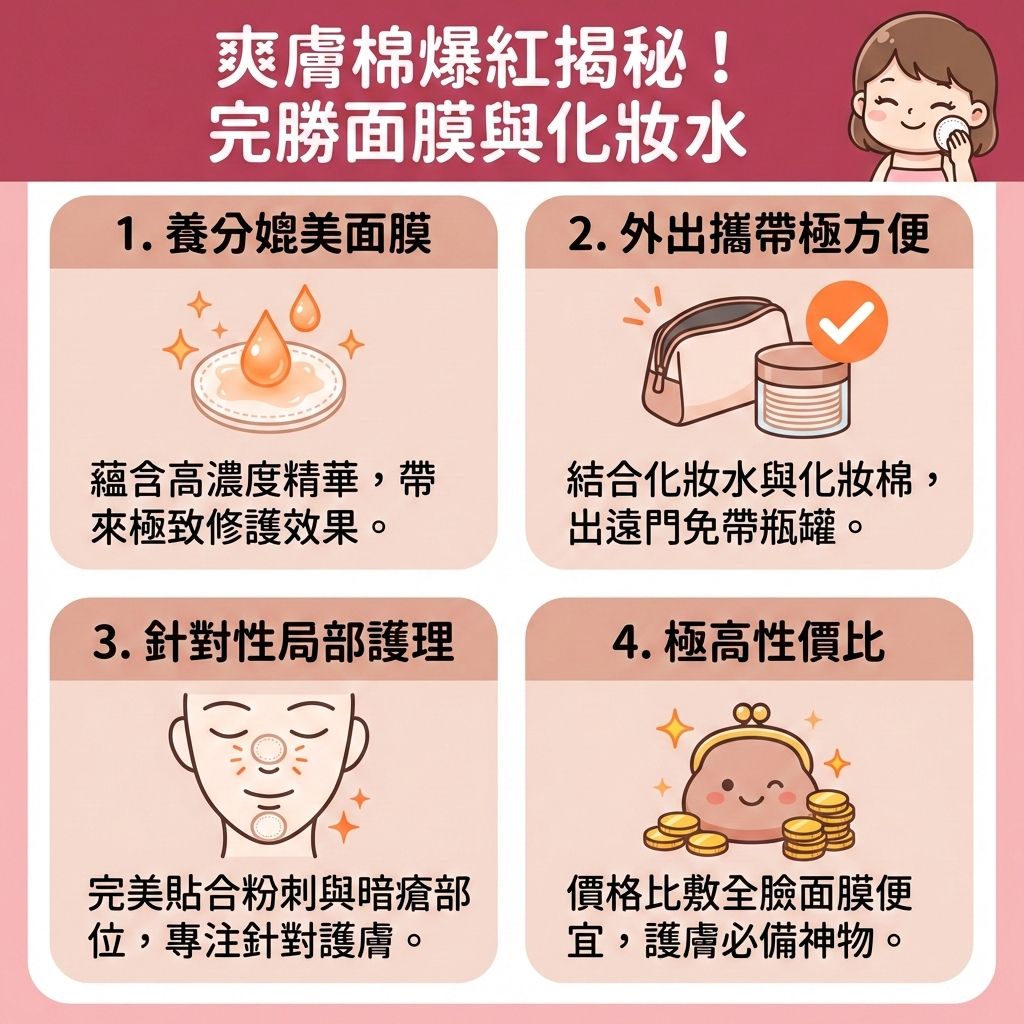 這是一張關於護膚品的扁平化醫學美容資訊圖表，深入比較了爽膚棉、傳統化妝水配合化妝棉，以及片狀面膜的差異。圖表說明對於油性肌膚與敏感肌，爽膚棉能發揮二次清潔與溫和去角質的卓越功效。它蘊含高濃度精華液（如水楊酸與果酸），能深入皮脂腺與毛孔，有效溶解老廢角質並預防毛孔堵塞，從而控制油脂分泌與減少黑頭粉刺，精準打擊粉刺與暗瘡。

若棉片含有積雪草或透明質酸成分，透過局部濕敷更能提供深層保濕、急救補水與長效鎖水，幫助鎮靜敏感肌膚、舒緩泛紅及修復受損屏障，全面保護脆弱的皮膚屏障與角質層。持續使用能調節水油平衡、抗菌消炎、平滑粗糙膚質並改善暗沉膚色，進而提升後續吸收，達到收細毛孔的完美效果。若面臨嚴重肌膚困擾，建議尋求皮膚科醫生協助。圖表最後強烈推薦醫學美容權威完美醫療的專業暗瘡分手療程，為您量身打造健康透亮肌底！