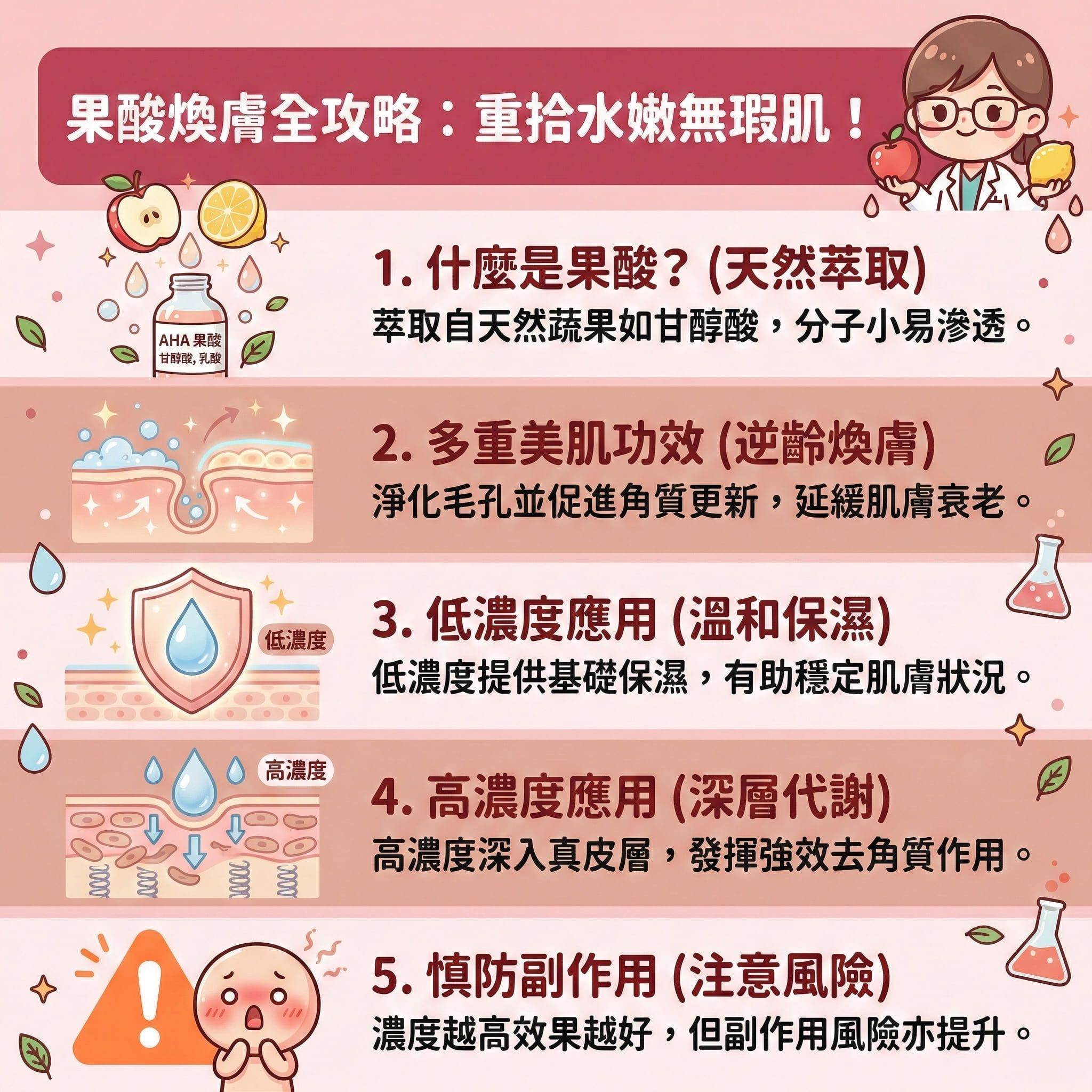 這是一張正方形的扁平化向量醫美資訊圖表，背景採用暖色調（#F4C2C2 / #E5B1A1），主題為解析果酸的護理知識與功效。

圖表上方展示了多種酸類成分，包括甘醇酸、乳酸、蘋果酸、檸檬酸、酒石酸，以及常作比較的水楊酸、杜鵑花酸、杏仁酸與外用Ａ酸。圖示生動描繪了酸類如何穿透角質層到達真皮層，幫助軟化角質細胞與促進角質更新。

中部圖解詳細說明其功效，包括能疏通毛孔、溶解黑頭與粉刺，並有效抑制油脂分泌。針對皮脂腺過度活躍與痤瘡桿菌引起的問題，能達到深層消炎殺菌及減輕發炎紅腫，從而大幅減少暗瘡數量。此外，它能加速細胞代謝、刺激膠原增生（補充膠原蛋白），有助淡化色斑、改善粗糙膚質、提升保濕能力及延緩肌膚老化。

底部區塊提出強烈警示：進行居家護理時必須注意濃度風險，濃度過高可能引發皮膚灼傷泛紅，敏感肌人士需特別小心。若追求安全高效的化學煥膚，建議尋求醫學美容級療程，例如完美醫療的暗瘡分手療程，這類專業療程能做到溫和無痛的煥膚效果。