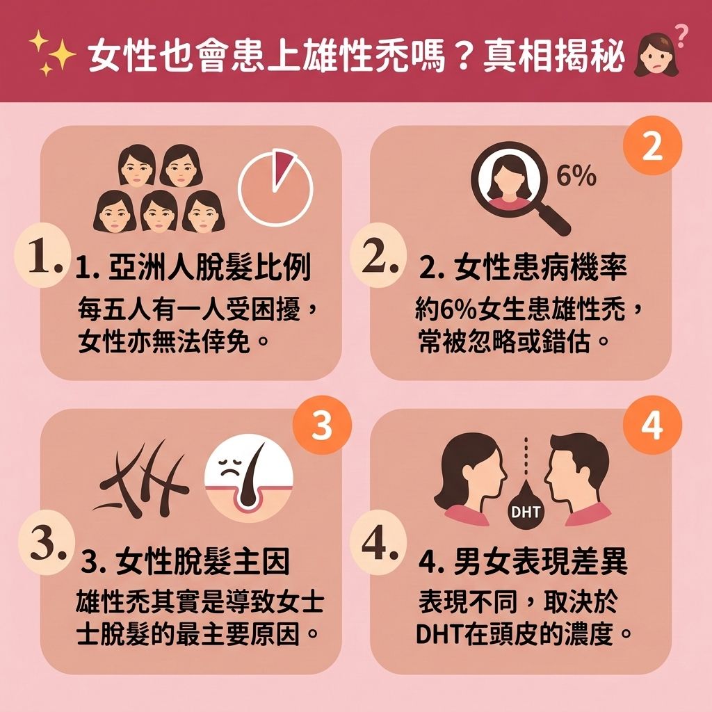 這是一張 1:1 正方形的可愛扁平化向量資訊圖表，採用台灣健康部落格風格，深入探討【女性脫髮問題】。許多人面對生活【壓力】與【遺傳】因素，加上體內【雌激素】與【荷爾蒙】失調，會使【睪酮】異常轉化為【雙氫睪酮】（DHT）。這正是最關鍵的【雄性禿成因】及【遺傳性脫髮】根源。DHT 會無情攻擊【頭皮】的【毛囊】，導致嚴重的【脫髮】與【雄性禿】。若患者的【皮脂腺】出現【頭皮油脂分泌】過盛，更極易引發【毛囊炎】與【脂溢性脫髮】。

圖表詳細介紹了多種【預防脫髮方法】與【雄性禿治療】對策。日常保養可選用含【咖啡因】的【防脫髮洗頭水】或【咖啡因洗髮露】等優質【洗頭水】，以幫助【強健髮根】並【減少掉髮】。針對嚴重落髮，醫學上會建議使用【口服生髮藥】（如【非那斯特萊】）來【抑制荷爾蒙】；或使用【外用生髮水】（例如含有【米諾地爾】的【生髮水】），透過促進【血液循環】來【激活休眠毛囊】，進而【延長生長週期】、【促進頭髮生長】並【改善頭髮稀疏】。

進行治療時，患者務必留意藥物【副作用】及潛在的【生髮藥物副作用】。若掉髮情況已無法逆轉，建議尋求【專業生髮療程】的協助，或進一步考慮【植髮】手術，重拾自信風采。