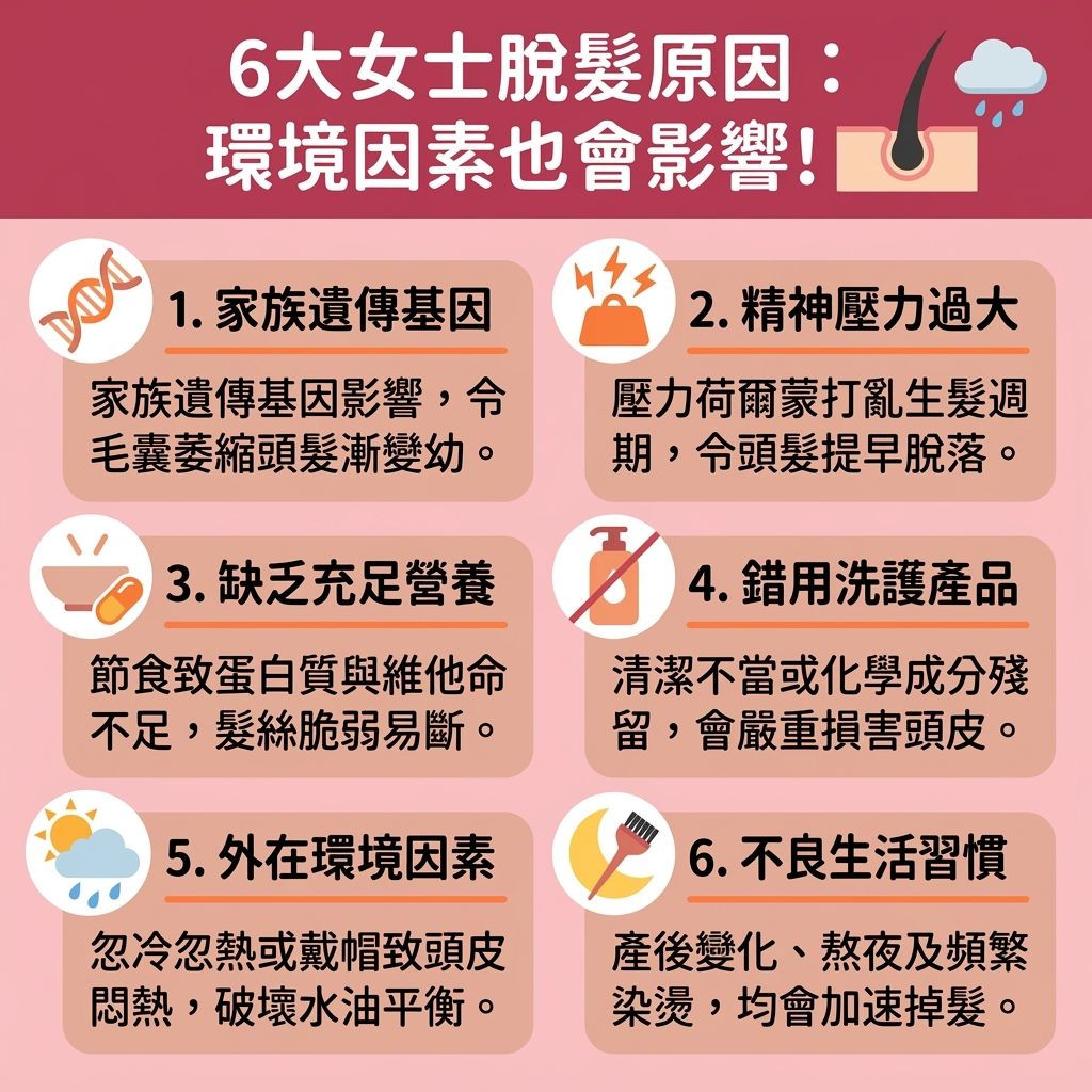 這是一張台灣健康部落格風格的 1:1 正方形扁平化資訊圖表,詳細分析了六大女士脫髮原因及應對方法。圖中指出,維他命不足脫髮是常見主因,缺乏蛋白質、膠原蛋白、鐵質、鋅與脂肪酸等營養素會令髮根脆弱。我們日常需要多吃防脫髮食物及服用護髮營養補充劑,參考防脫髮維他命推薦,攝取足夠維他命及發揮生物素生髮功效(積極補充生物素),能有效預防頭髮稀疏、增加頭髮濃密度與促進頭髮生長。此外,透過攝取抗氧化劑對抗自由基,能達到抗氧化護髮及延緩頭髮老化。針對產後荷爾蒙變化,挑選合適的改善脫髮保健品有助改善產後脫髮。面對高壓生活,減輕壓力型脫髮需從維持正常新陳代謝與平衡免疫系統著手,並改善頭皮血液循環(促進血液循環)。正確護理頭皮與調節皮脂腺能強化毛囊健康,保護毛囊免受化學傷害。這不僅是極佳的滋養髮根方法,更能促進角蛋白合成(補充角蛋白),從而修護受損頭髮、防範補充鐵質防掉髮的危機,並徹底解決斷髮問題。