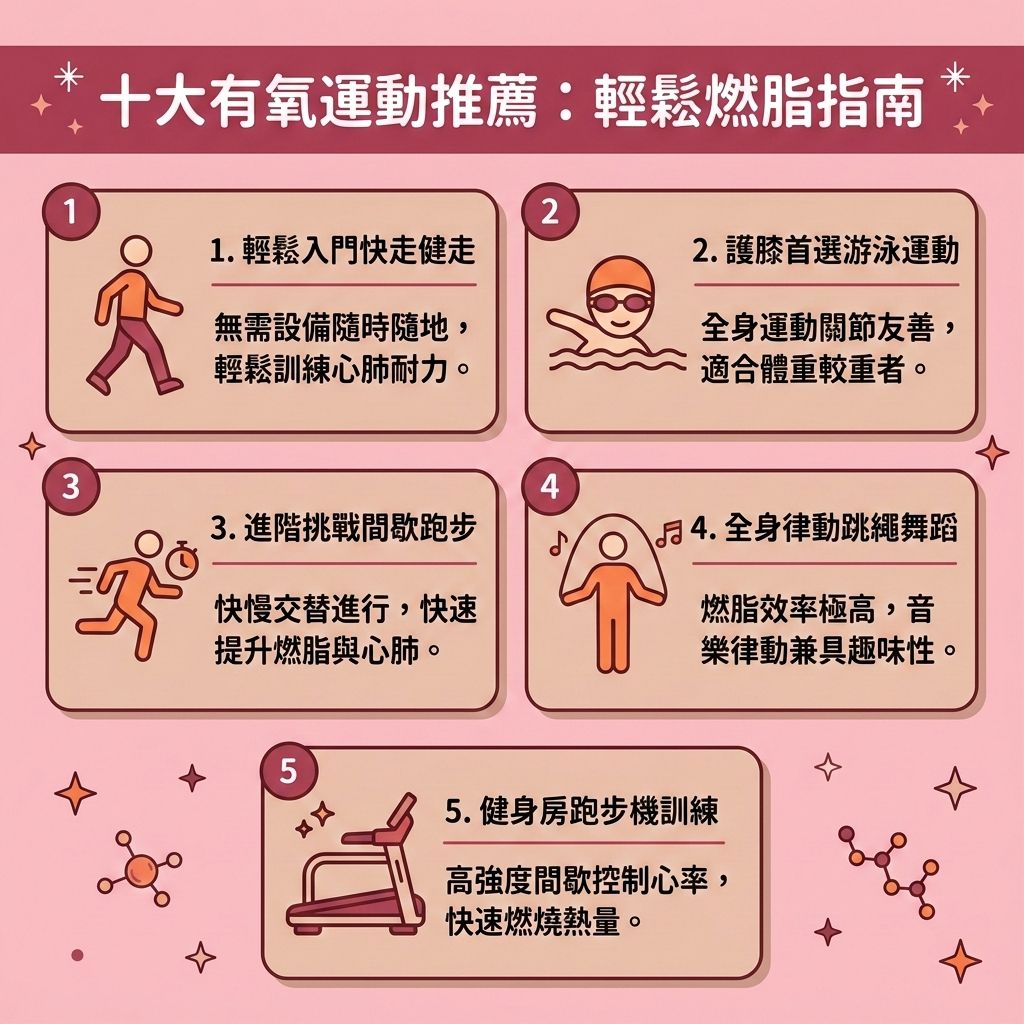 這是一張 1:1 正方形的扁平化向量資訊圖表插畫，嚴格採用台灣健康部落格懶人包風格。圖表以可愛、具教育性與醫美感的方式解析「十大有氧運動推薦：輕鬆燃脂指南」，底部無任何留白，背景色連續無縫鋪滿。

內容詳細介紹各類有效消脂運動，助您提升心肺功能與強化心肺功能。透過快走、游泳等低強度運動，能保護關節並預防關節勞損。進階挑戰如高強度間歇訓練，或使用跑步機與單車機，能精準控制心跳區間與心跳率，大幅消耗卡路里並促進血液循環。

規律的有氧運動配合減脂增肌飲食，控制蛋白質與碳水化合物攝取以達到控制熱量攝取，能有效提升肌肉量與增強肌肉力量，強化核心肌群。這不僅能加速新陳代謝，更能提升基礎代謝與整體的基礎代謝率，有助於燃燒深層脂肪。

針對頑固的皮下脂肪、內臟脂肪與脂肪細胞，這是絕佳的消除腹部贅肉與減大肚腩方法。長期執行能降低體脂比例與體脂率，控制體重指標與體重，助您突破減肥停滯期，輕鬆打造易瘦體質。

若追求更完美的體態，側邊醫美專欄建議可結合醫學美容的無創減脂技術與局部減脂療程。透過專業的溶脂科技進行醫美定位修形，能更高效地為您塑造緊緻線條！