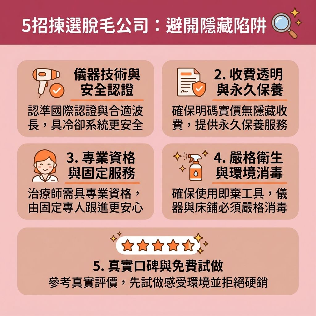 這是一張呈現台灣健康部落格風格的 1:1 正方形資訊圖表，教你如何挑選脫毛公司並善用優惠。在尋找激光脫毛推薦與進行脫毛療程比較時，無論是關注全身脫毛價錢、針對學生的學生脫毛優惠，還是考慮迎新脫毛優惠或轉會脫毛優惠，都應選擇拒絕隱藏收費且承諾永久保養的專業脫毛中心或美容院。了解合理的價錢，並善用信用卡提供的信用卡免息分期方案以減輕負擔。

在進行激光脫毛前，務必多方參考脫毛真實評價。優質的療程會由專業醫生或合資格的治療師操作，使用具備雙波長激光的儀器。透過精準的波長與穩定的能量直擊毛囊中的黑色素，無論是處理腋下、小腿、唇毛、面毛或最敏感的比堅尼位，都能提供安全可靠的防敏脫毛療程。

選擇配備冰感與冰感脫毛技術的儀器，能為您帶來舒適的無痛激光脫毛體驗，這不僅能有效避免皮膚灼傷、舒緩脫毛紅腫，更能解決毛囊發炎及改善毛髮倒生。最後，建議先預約體驗免費試做脫毛，親身確認環境衛生及服務質素。