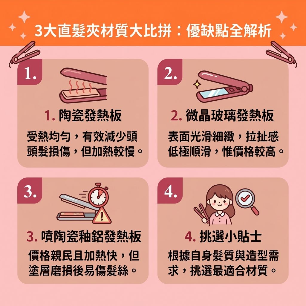 這是一張 1:1 扁平化醫美資訊圖表，教導大家【選擇適合材質】與【日常頭髮護理】。圖中比較不同的【直髮夾】與【夾板】。使用【陶瓷】、【鈦金屬】或帶有【塗層】的面板，若能【控制造型溫度】，確保【均勻受熱面板】並具備【快速預熱功能】，便能有效【減少熱力傷害】與【隔離高溫損傷】。

這對【頭皮】、【髮根】至【髮尾】都至關重要。當高溫【熱力】接觸【髮絲】與【曲髮】時，容易流失【水分】、【蛋白質】與【角蛋白】。透過釋放【負離子】的工具，能【減少靜電摩擦】避免產生【靜電】，進而【閉合毛鱗片】與【撫平頭髮毛躁】。保護【毛鱗片】能【防止水分流失】，成功【解決頭髮打結】及【預防頭髮斷裂】。

無論是為了【塑造順滑直髮】還是【改善天生鬈髮】，正確【造型】能【提升髮絲光澤】並【延長造型持久度】。日常搭配【護髮素】進行【燙後護髮保養】與【鎖水保濕護理】，能全面【修復受損髮質】。這套流程不僅能保護髮絲，更能讓您輕鬆擁有一頭健康亮麗的秀髮！