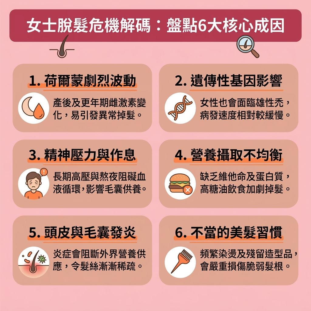 這是一張台灣健康部落格風格的 1:1 正方形資訊圖表,詳細解析了多種女士脫髮原因。面對女性休止期脫髮與女性雄性禿,我們必須了解背後的成因。對於孕婦及處於更年期的女性,體內荷爾蒙與雌激素的劇變常引發問題,因此尋找產後脫髮解決方案與更年期掉髮治療尤為重要。此外,現代人面臨龐大壓力,容易削弱免疫系統並導致壓力型脫髮,直接影響頭皮的血液循環。為改善頭皮血液循環並強化毛囊健康,我們需要攝取足夠的營養素。圖表建議日常多吃防脫髮食物,並搭配改善脫髮保健品與護髮營養補充劑。關鍵成分如維他命、蛋白質、膠原蛋白、角蛋白、鋅與鐵質能有效改善因貧血引起的落髮,補充鐵質防掉髮是常見的滋養髮根方法。同時,善用維他命生髮推薦清單,發揮生物素生髮功效(積極補充生物素),能幫助解決斷髮問題、預防頭髮稀疏、延緩頭髮老化並增加頭髮濃密度。只要對症下藥,深入修護毛囊與髮根,便能有效促進頭髮生長,徹底告別脫髮困擾。