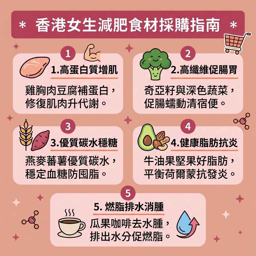 這是一張 1:1 正方形的扁平化資訊圖表，採用台灣健康部落格風格，介紹專屬香港女生的健康減重餐單。透過改善飲食習慣，能精準控制熱量攝取與減少多餘卡路里。首先，推薦以燕麥等富含抗性澱粉的優質碳水化合物來取代精緻澱粉，這能穩定血糖水平，避免血糖與胰島素劇烈波動，從而有效減少脂肪囤積。

接著，多吃富含膳食纖維、維他命與礦物質的蔬菜，能促進腸胃蠕動，有效排毒清腸宿便，並大幅增加飽足感，延長飽足時間。配合減脂增肌飲食，攝取如雞胸肉等優質蛋白質，能大幅提升基礎代謝與整體的基礎代謝率，加速新陳代謝。

正確的食材搭配能幫助消除下肢水腫，解決惱人的水腫問題。長期堅持，能徹底燃燒深層脂肪，精準打擊頑固的皮下脂肪、內臟脂肪與多餘脂肪細胞。這能有效降低體脂比例與整體體脂率，助您順利突破減肥停滯期，輕鬆打造易瘦體質並預防體重反彈。

若渴望追求更完美的曲線，圖表側邊的醫美專欄建議可搭配醫學美容的無創減脂技術與局部減脂療程。透過專業的溶脂科技進行醫美定位修形，全方位為您雕塑健康完美的體態！