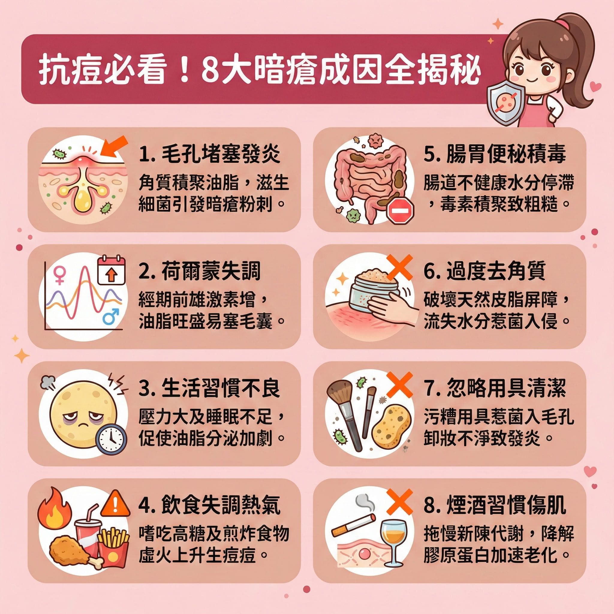 這是一張正方形扁平化醫美資訊圖表，教導如何有效去暗瘡。圖表詳細分析八大成因：當壓力過大、睡眠不足或飲食高糖煎炸時，會擾亂內分泌與荷爾蒙，刺激皮脂腺分泌過多油脂。若角質層過厚，便會引致毛孔堵塞，滋生痤瘡桿菌，形成黑頭、粉刺甚至嚴重的石頭瘡。

日常護理建議選用合適的潔面乳進行深層清潔，並適度使用含水楊酸或果酸的產品來溫和去角質與軟化角質，以疏通毛孔、收細毛孔並抑制油脂分泌。這能有效減少皮脂分泌，達致水油平衡與清爽控油。

發現痘痘時務必避免擠壓以預防發炎及預防留下凹凸洞，應注重消炎殺菌、減輕發炎與舒緩紅腫，從而改善粗糙膚質。為了調理內分泌及促進新陳代謝，徹底解決問題並預防復發，圖表強烈推薦體驗完美醫療的高科技療程（如激光），不僅能刺激膠原增生，更能有效淡化暗瘡印，重拾健康平滑肌膚。