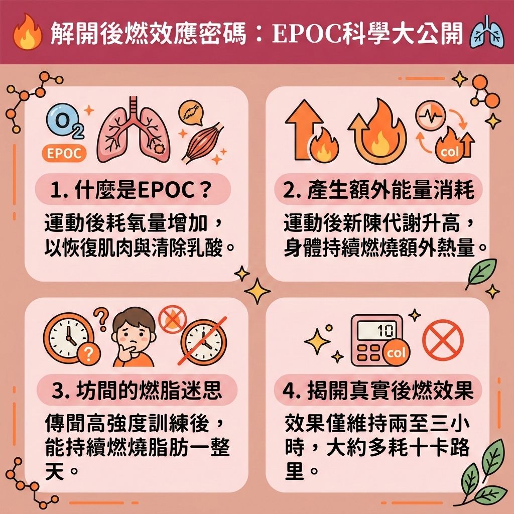 這是一張台灣健康部落格風格的 1:1 正方形資訊圖表,主題是解密後燃效應(運動後過量氧耗)。圖表解釋了進行短時間高效率運動如高強度間歇訓練(結合有氧運動與無氧運動)後,如何透過增加心跳率與吸收大量氧氣,達到運動後持續消耗熱量與延長燃脂時間的效果。這類高效減脂運動能提升基礎代謝與整體的基礎代謝率,並改善新陳代謝(促進新陳代謝),幫助快速燃燒深層脂肪與預防脂肪積聚,有效降低體脂比例(降低體脂率)。
運動過程中會鍛鍊核心肌群並刺激肌肉,運動後身體為了促進肌肉修復與加速乳酸代謝(清除乳酸),會大幅增加血液循環。建議搭配補充優質蛋白質(攝取優質蛋白質)以增加肌肉量並燃燒更多卡路里。然而,單靠運動產生的後燃效果有限,未必能完全消除頑固脂肪。
若想突破減肥停滯期,徹底破壞深層脂肪細胞以塑造緊緻線條,可考慮醫學美容的輔助。香港完美醫療提供專業的專屬瘦身方案與局部減脂療程。透過先進的無創減脂技術與溶脂科技進行精準的醫美定位修形,能安全有效地為您重塑完美體態!