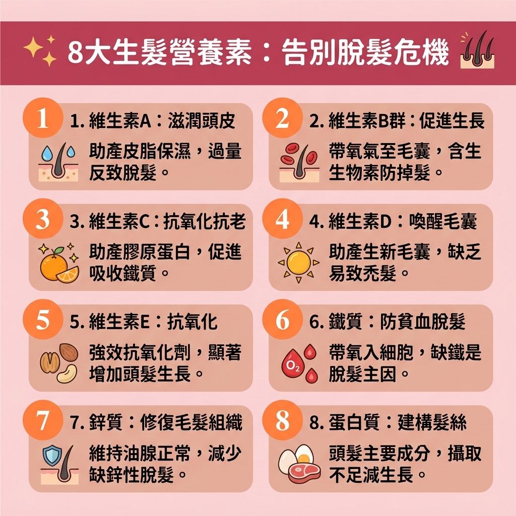 這是一張 1:1 正方形的可愛扁平化向量資訊圖表，採用台灣健康部落格風格，主題為【生髮營養素】與【生髮食物推薦】。圖表詳細解析如何透過【防脫髮飲食】來【補充頭髮營養】，成為對抗【女性脫髮原因】與【男性脫髮危機】的有效【預防脫髮方法】。

插畫中展示了多種護髮食材，如【黑芝麻】、【三文魚】、【雞蛋】與【堅果】。這些食物富含【蛋白質】與【氨基酸】，是合成【角蛋白】的關鍵，有助於【補充蛋白質】並【促進頭髮生長】。圖解說明【鐵質】與【葉酸】能【改善頭皮血液循環】及全身【血液循環】；【生物素】（維生素B群）與【鋅質】能維持正常的【頭皮油脂分泌】，【解決毛孔堵塞】，做好【頭皮保濕護理】與【舒緩頭皮敏感】。維生素C則能促進【膠原蛋白】生成，幫助【強健髮根】與【減少掉髮】。

若身體缺乏這些營養，會影響【新陳代謝】，導致【頭皮】與【毛囊】萎縮，引發【脫髮】或加劇【雄性禿】。正確攝取能【激活休眠毛囊】、【延長生長週期】，從根本【改善頭髮稀疏】。對於嚴重脫髮者，除了食療，圖表建議可搭配【生髮水】或尋求【專業生髮療程】甚至【植髮】，全方位守護秀髮健康！