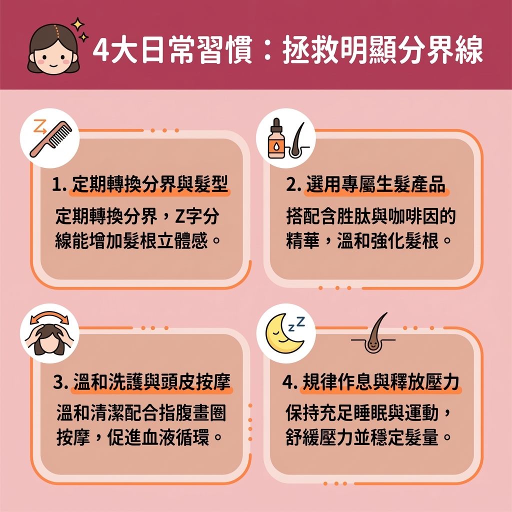 這是一張台灣健康部落格風格的 1:1 正方形資訊圖表,詳細解說如何改善頭髮分界線稀疏與預防分界線變闊。當我們面對荷爾蒙變化、生活壓力或強烈紫外線時,頭皮的皮脂分泌失衡,容易導致脫髮與頭髮變薄。這對尋求產後脫髮改善、女性脫髮治療與對抗雄性禿的人來說是一大困擾。
圖表建議定期轉換頭髮分界,這是極佳的髮型修飾技巧與隱藏明顯分線的方法。搭配一把好梳子,不僅能掩飾頭髮稀疏,還能增加髮根蓬鬆度並拯救扁塌髮型,有效改善頭髮扁塌與預防髮線後移。在洗護方面,補充富含角蛋白的營養(補充頭髮營養)能修護髮絲與髮質。保護好髮際線,並做好日常的頭皮防曬護理。
透過梳頭按摩頭皮,能改善頭皮血液循環(促進血液循環),幫助舒緩頭皮壓力。這有助於刺激毛囊生長,活化毛囊,從而強化髮根健康。結合正確的髮型與保養,能保護髮根,有效減少掉髮數量,恢復豐盈的髮量與健康的分界線。