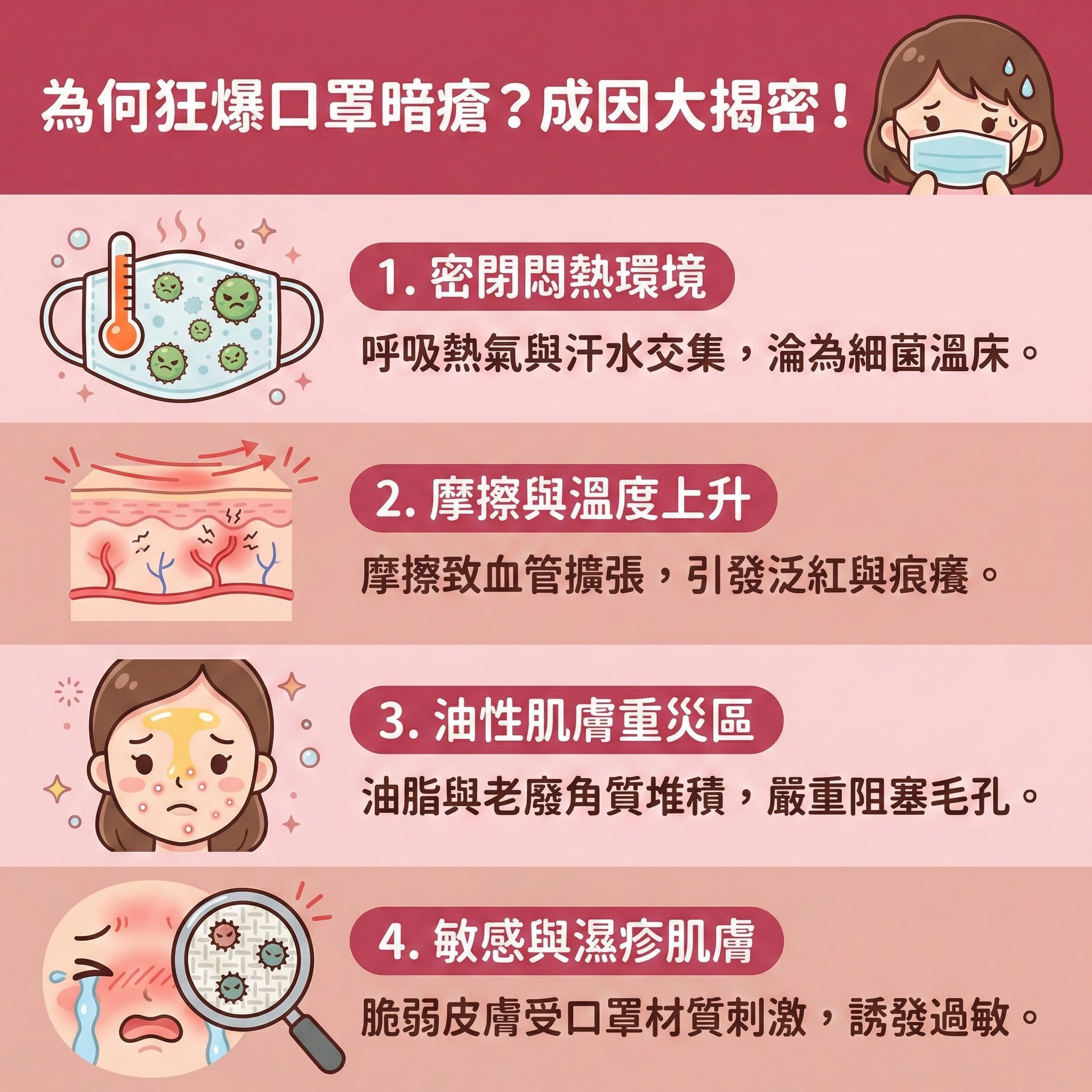 這是一張正方形的扁平化醫美資訊圖表,主題是探討戴口罩引發口罩暗瘡的成因與解決方案。圖表顯示口罩下的密閉空間會積聚汗水與油脂,滋生細菌與痤瘡桿菌。頻繁的摩擦會損害皮膚屏障,特別是敏感肌更容易受損。當皮脂腺活躍,分泌過多油脂,加上角質層增厚,便會導致毛孔堵塞,形成粉刺、黑頭、暗瘡甚至嚴重的石頭瘡。
圖表建議日常護理應定期更換口罩以保持乾爽並減輕摩擦。為達致水油平衡,需清除污垢及進行深層清潔,可選用水楊酸或果酸來溫和去角質,這有助於疏通毛孔、促進新陳代謝、減少皮脂分泌及抑制油脂分泌。面對發炎狀況,應避免擠壓,注重消炎殺菌與舒緩紅腫,從而預防發炎並修復屏障。若想進一步改善粗糙膚質、淡化暗瘡印、刺激膠原增生及長效預防復發,強烈建議尋求完美醫療的專業暗瘡分手療程。