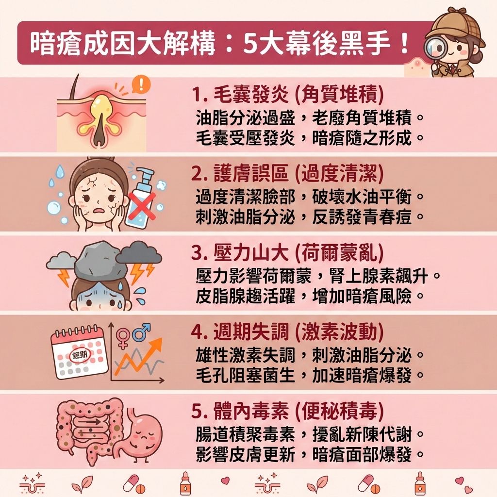 是一張正方形的扁平化向量醫美資訊圖表,背景採用色調 (#FF8C42/#E5B1A1),主題為解析五大暗瘡成因及建議。圖表針對皮脂腺活躍及荷爾蒙失調,建議考慮暗瘡治療如異維A酸、抗生素或避孕藥。護理方面,推薦含果酸、水楊酸、杏仁酸或茶樹油的產品,如暗瘡膏及暗瘡貼。若遇痤瘡桿菌引發的石頭瘡、膿頭,需注重消炎殺菌及疏通毛孔。嚴重者可尋求完美醫療的暗瘡分手療程,利用激光治療或真空磨皮,達致抑制油脂分泌、去除老廢角質、收細毛孔、淡化暗瘡印及膠原蛋白增生。此醫療級療程屬非入侵性、溫和無痛、無副作用及恢復期,助敏感肌膚回復水油平衡,舒緩紅腫並預防復發及凹凸洞。日常亦可攝取鋅補充劑、綠茶及蘆薈避免經歷爆瘡期。