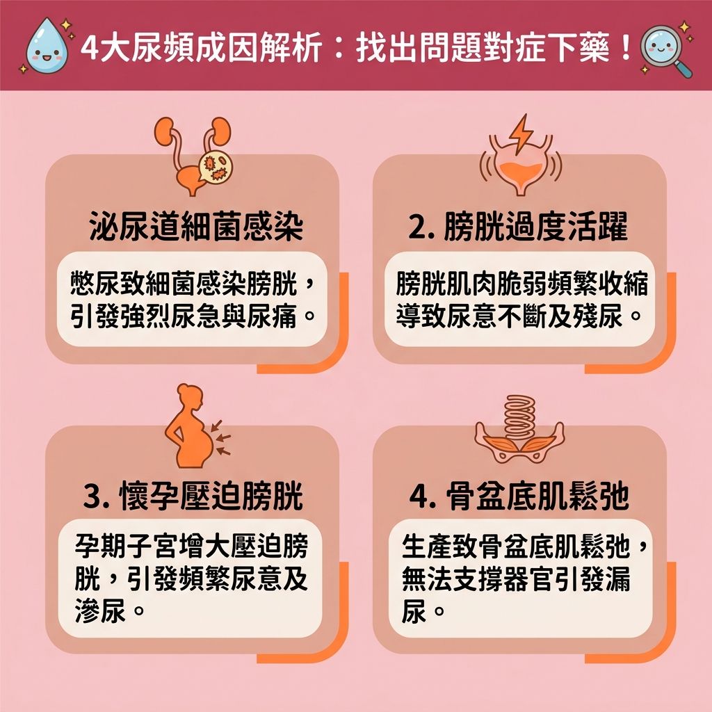 這是一張關於【泌尿系統健康】與【改善尿頻方法】的1:1醫美衛教資訊圖表。圖表詳細解釋了【尿頻】、【尿失禁】與【夜尿頻繁】的四大成因。首先是【尿道炎】等感染問題影響【膀胱】與【尿道】;其次是【膀胱過度活躍症】導致【膀胱容量減少】。對於【產後婦女】及經歷【荷爾蒙】變化的【更年期】女士,懷孕會令【子宮】壓迫【盆腔器官】(包括【直腸】與【陰道】)。而分娩及老化會造成【盆骨底肌肉】與【核心肌肉】鬆弛,引發【產後陰道鬆弛】,導致【大笑漏尿】與【打噴嚏漏尿】等【改善滴尿問題】的迫切需求。
為【產後漏尿解決】及【預防子宮下垂】,圖表建議可透過【凱格爾運動】來【收緊盆骨底肌】與【強化括約肌】。此外,圖表也介紹了【非入侵性治療】如【幸福椅】,利用【高強度聚焦電磁波】(【電磁波】)來【刺激肌肉收縮】,達到【修復盆底肌】、【提升盆腔承托力】與【增強膀胱控制】的效果。這種【無創修復療程】是極佳的【治療尿失禁】方案。日常亦應減少攝取【咖啡因】,保護【括約肌】以維持健康。